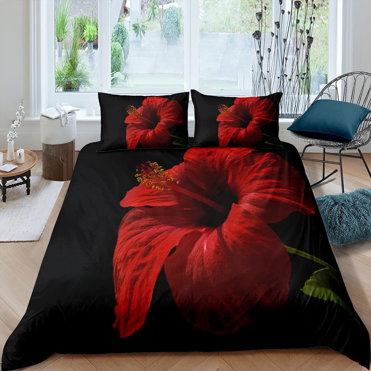 Floral Duvet Cover Set Red Hibiscus Flowers Bedding Set Blossom Flowers Bedding & Linen Set Room 3Pcs King Size,Zipper Boys — image 1