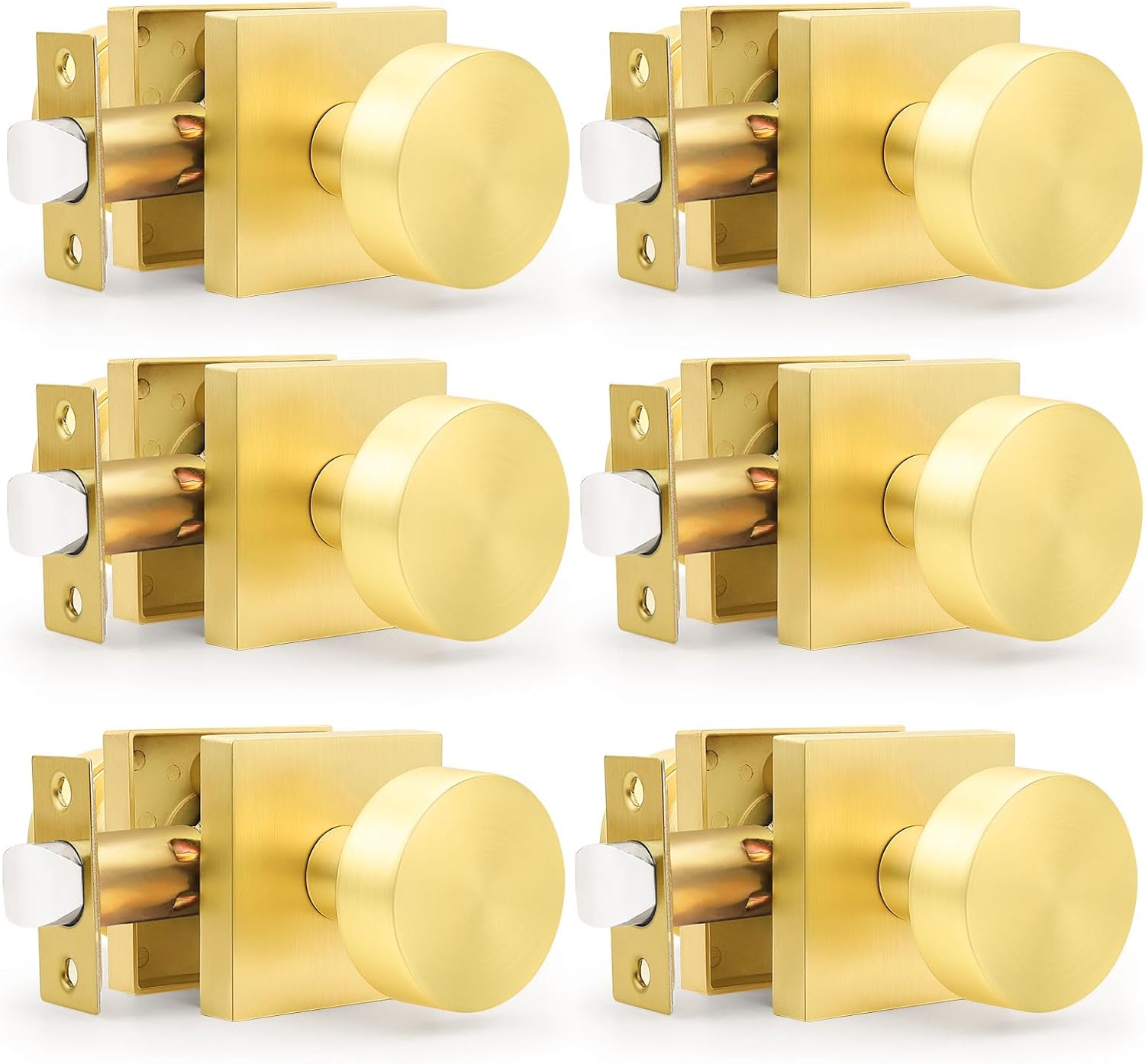 Gobrico Brushed Gold Passage Door Knobs(6 Pack), Satin Brass Closet Door Handles Without Lock, Door Knob Sets for Hallways
