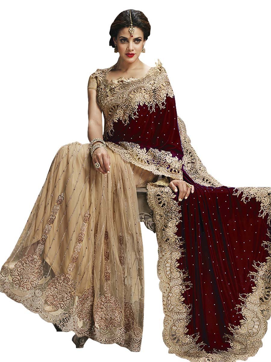 Bharat Plaza New Designers Womens Wear Maroon And Beige Saree