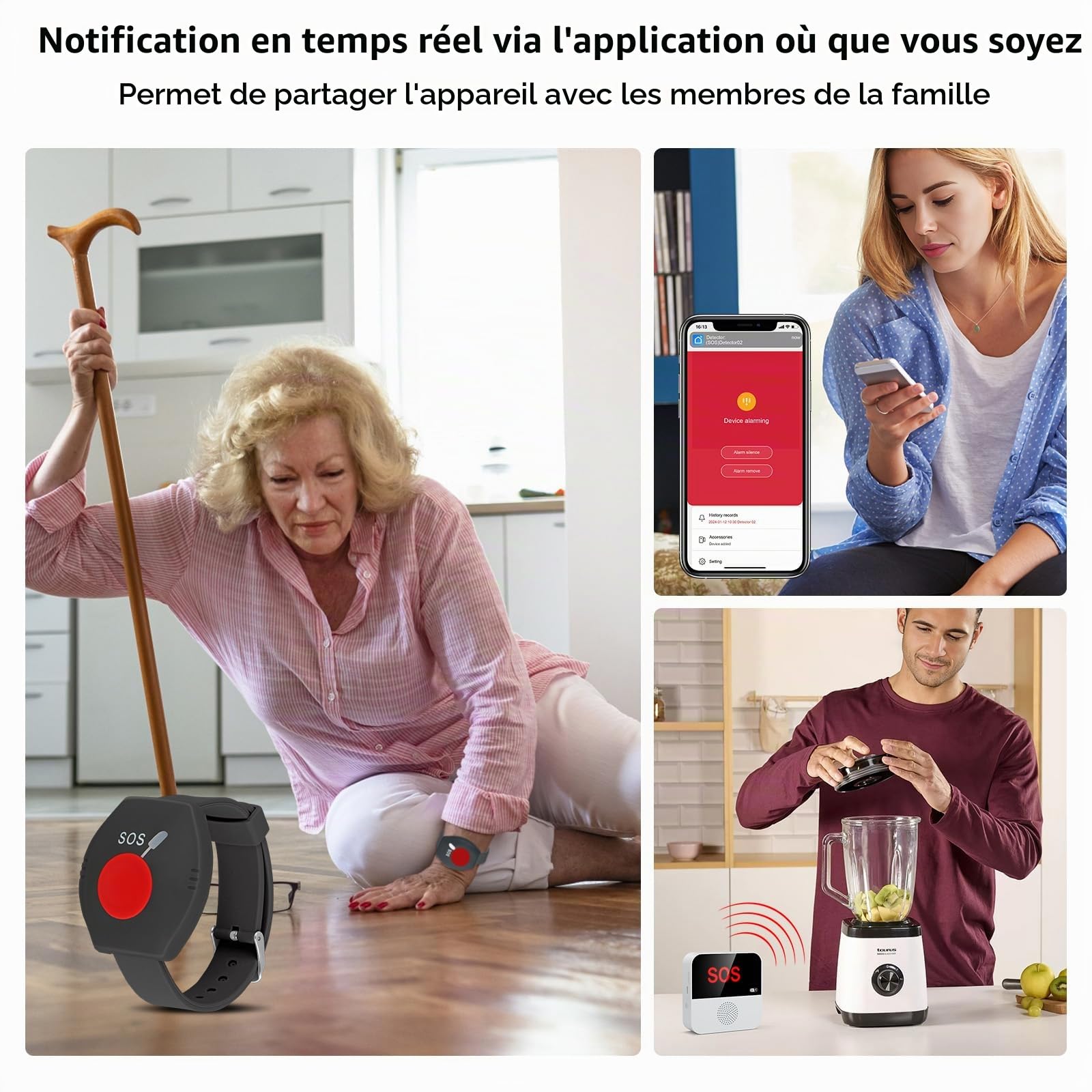 Bouton d'appel urgence WiFi + RF pour les personnes âgées - Système d'alerte pour les seniors - 1 bracelet d'appel - 1 récepteur