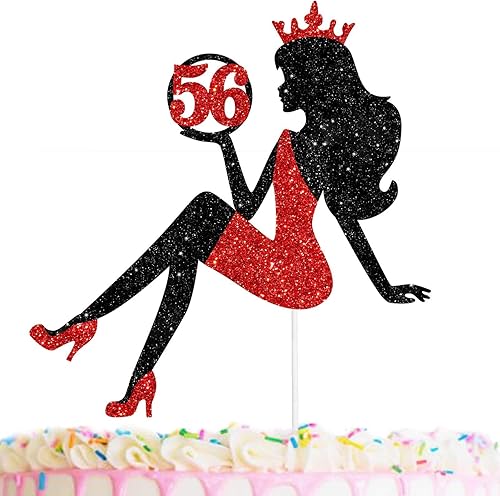 Decoración de pastel con silueta de niña sentada roja y negra con glamour para dama 56 cumpleaños temática reina suministros de decoración de fiesta