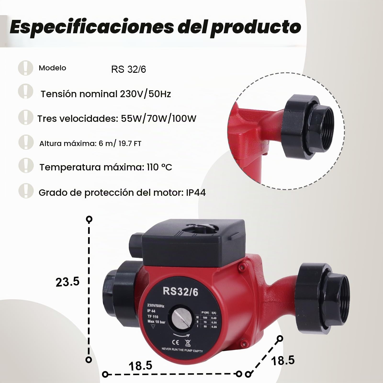 Bomba de Circulación RS32/6-180 mm, Altura Máxima de 6 m | Para Sistemas de Calefacción Central y Calentadores de Agua Solar, Favorece el Flujo en Instalaciones Domésticas, Silenciosa