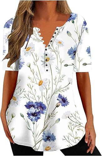 Camisas de verano para mujer, estampado de cuello en V, manga corta, estampado floral, camisetas relajadas, atléticas, de tela cómoda