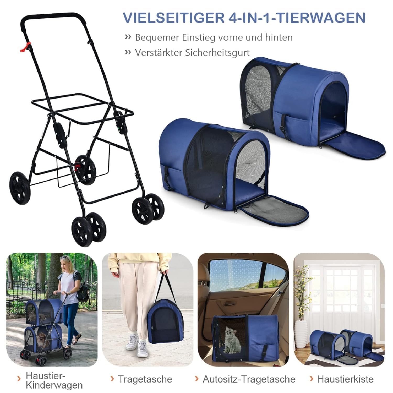 FANTASK Carrito para perros de 2 niveles con ventana de red y soporte para bebidas, cochecito para mascotas de hasta 16 kg, para 2 perros pequeños, gatos, cochecitos y remolques en azul