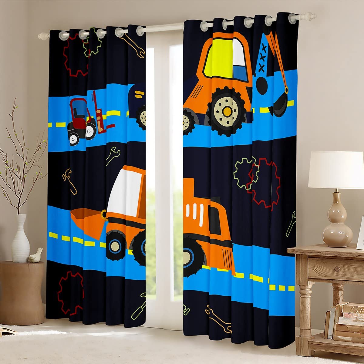Cortinas de Ventana de construcción para niños, para Dormitorio, Sala de Estar, maquinaria de niños, Cortinas de Ventana de camión, Sitio de construcción, Cortinas de vehículo de Coche, excavadoras,