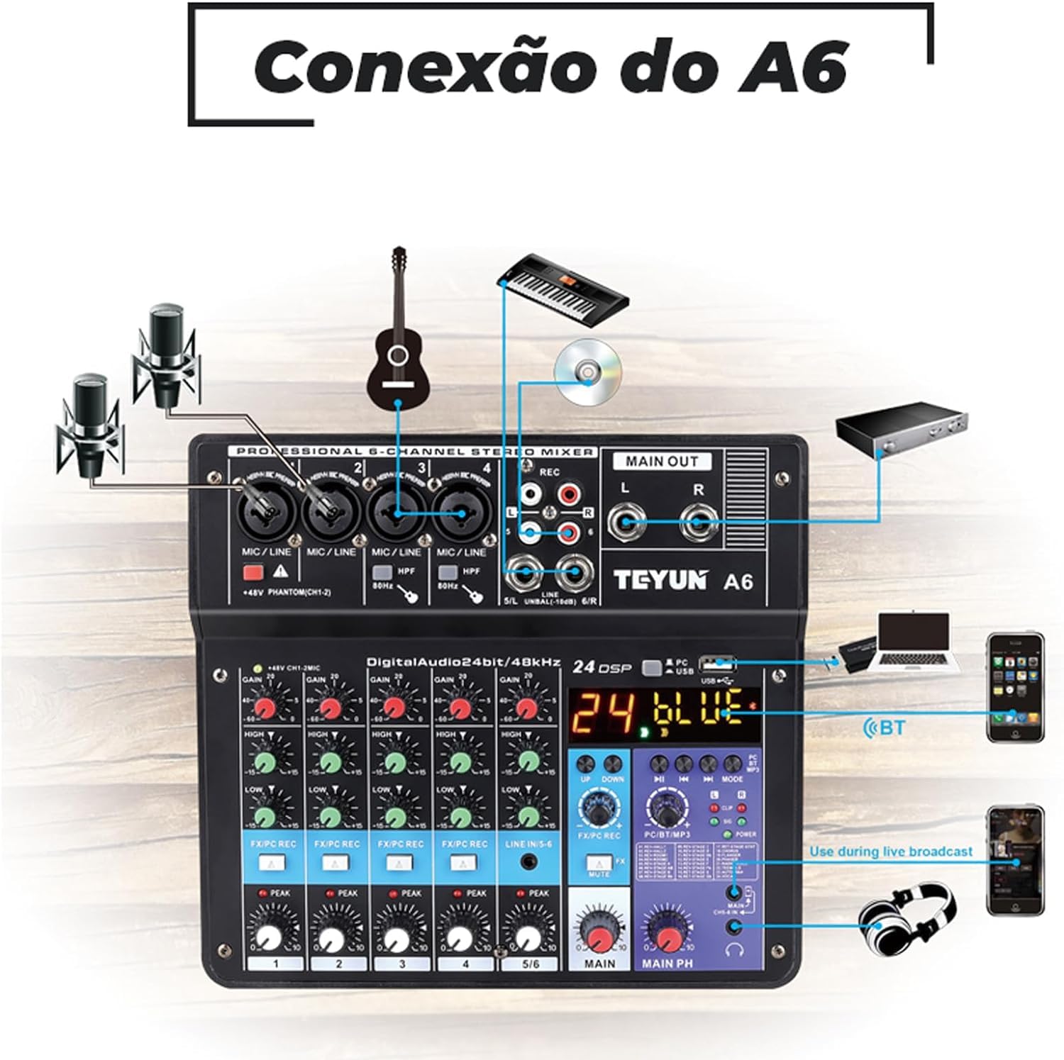 Mesa De Som 6 Canais Profissional Portátil Mixer Bluetooth