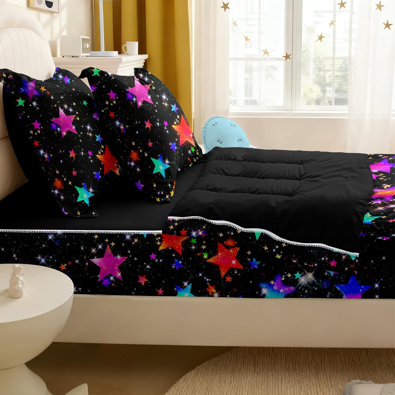 Kids Comforter Set,Zipper Bedding Twin for Teen,Stars Printed Comforter Set with Fitted Sheets and Pillowcases for All Season(Stars Twin)