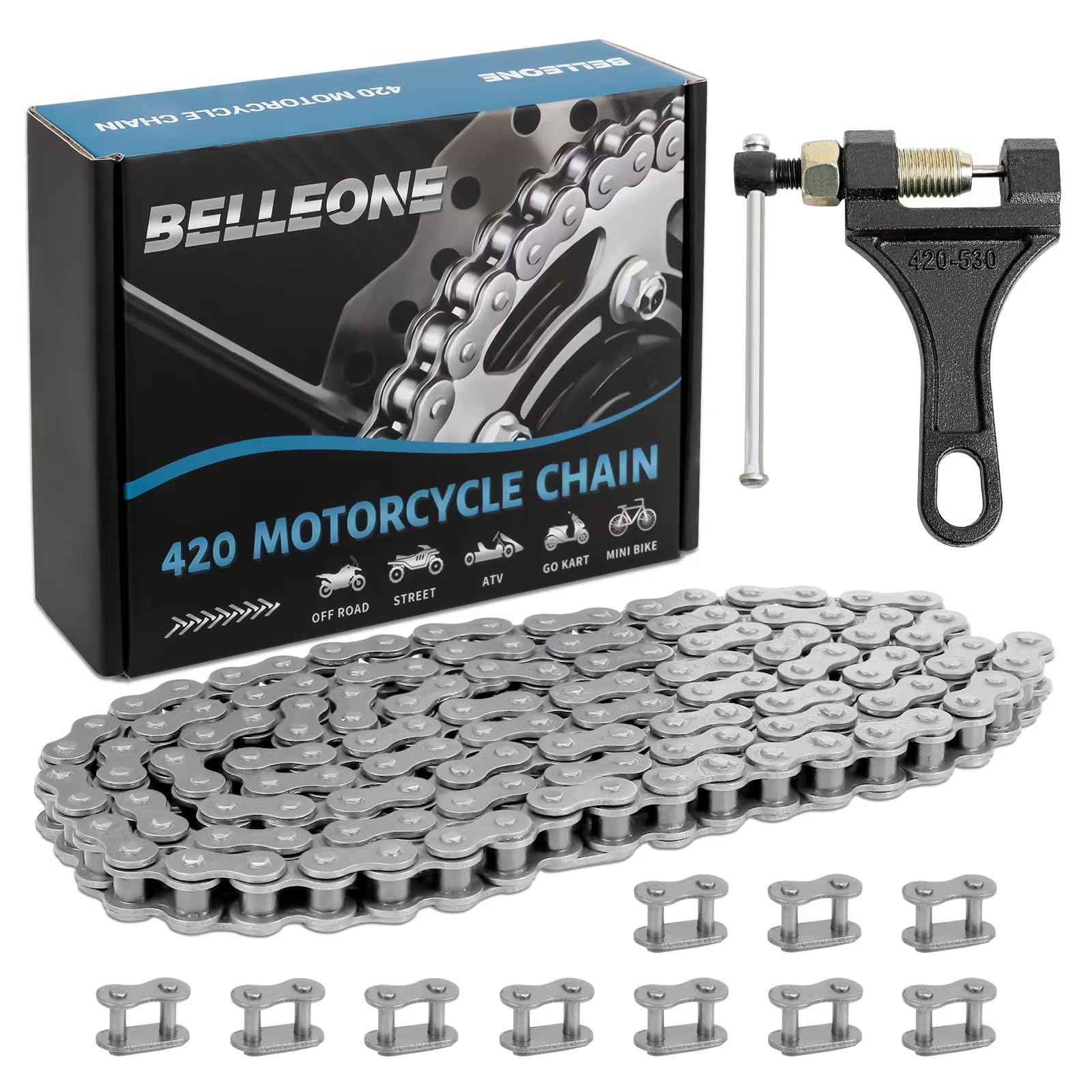 Belleone 420 Motorcycle Chain - 420 Standard Roller Chain 132 Link + Chain Breaker Fits for 50 70 90 110cc 125cc Pit Dirt Bike ATV Quad Go Kart Scooter Mini Bike Parts with 10 Free Master Links