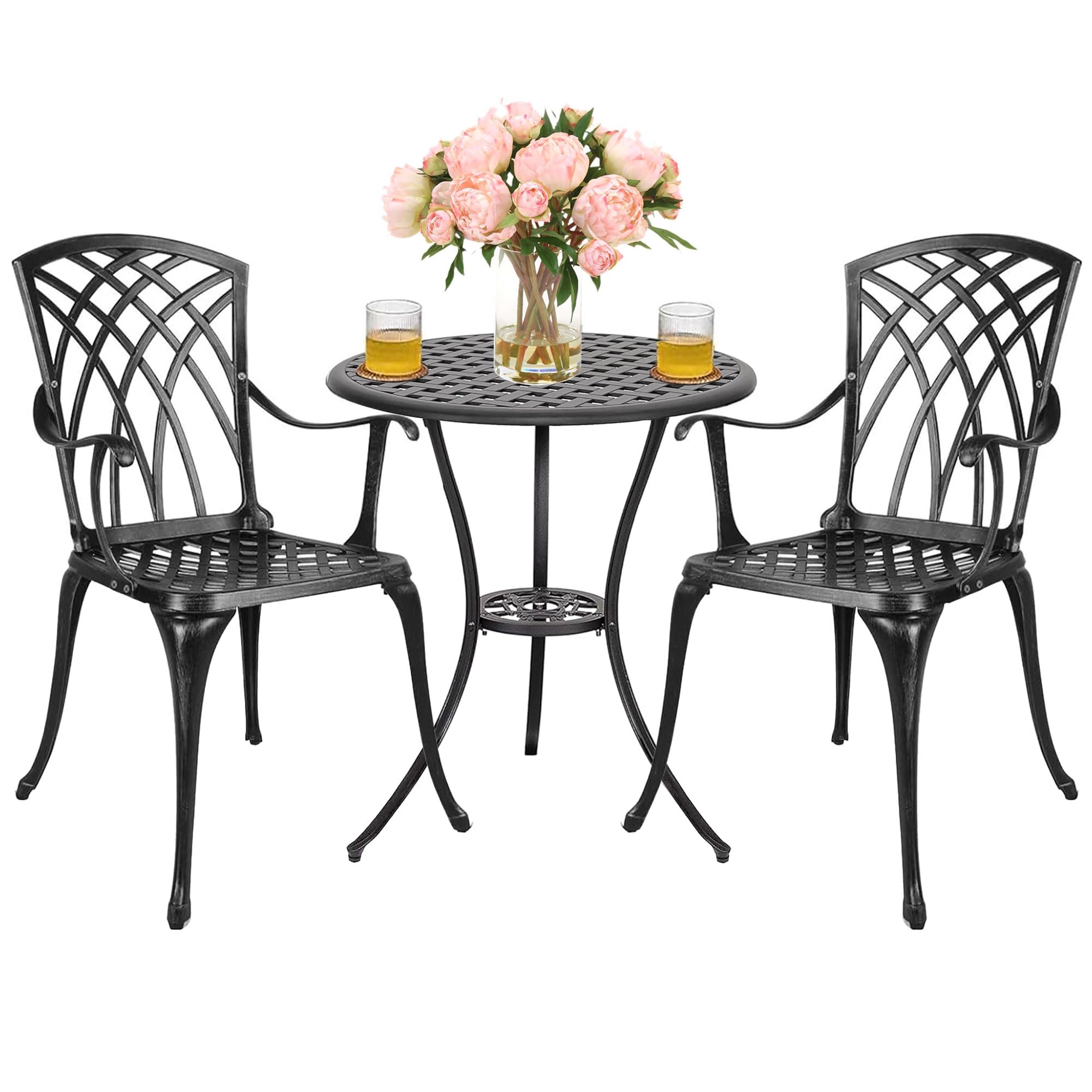 Polar Aurora 3 Piece Patio Bistro Set Cast Aluminum Bistro Table Set Outdoor Round Dining Table with Umbrella Hole for Porch, Lawn, Garden, Backyard, Pool,Black