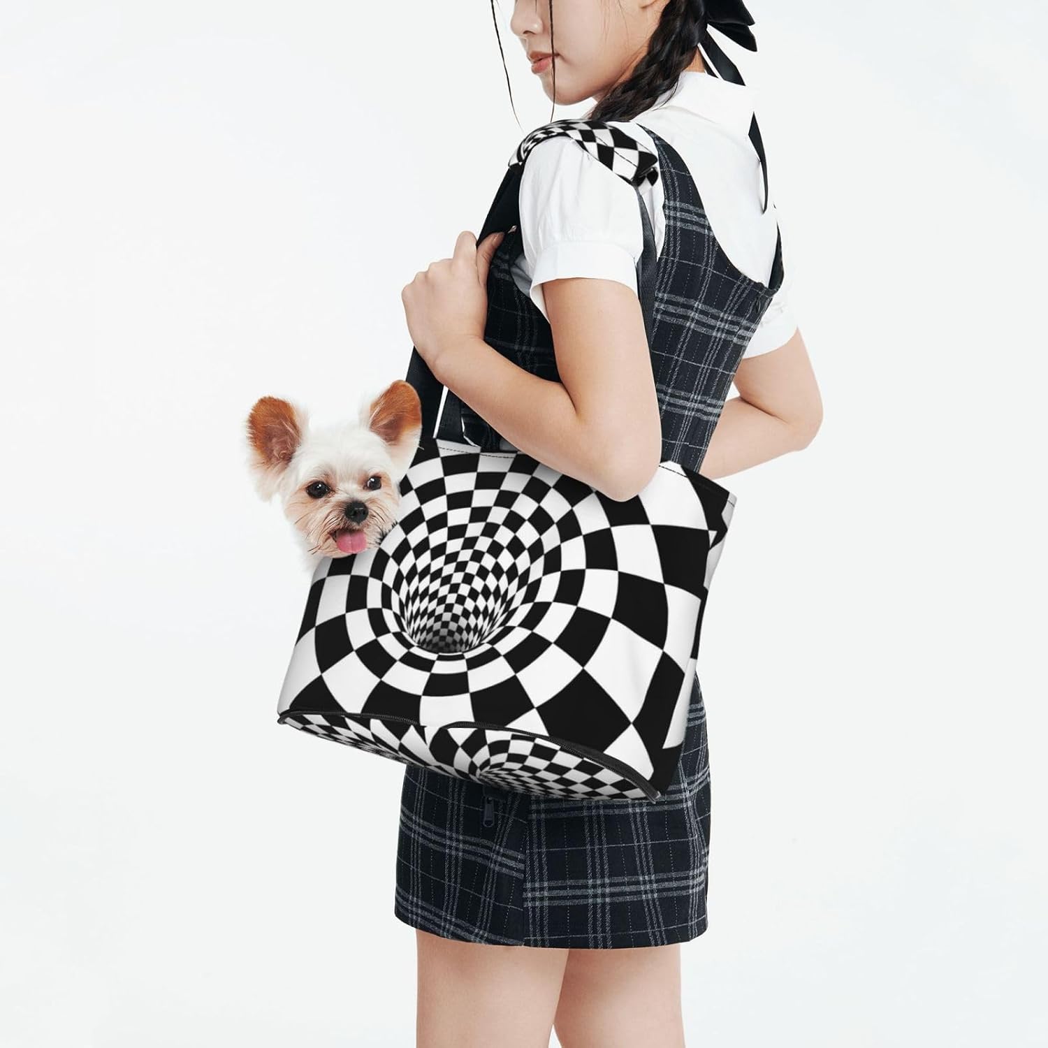 Black White Grid Geometric Swirl Portable Pet Purse Carrier Sling, Hands-Free Travel Dog and Cat Carrier for Small Dogs and Cats