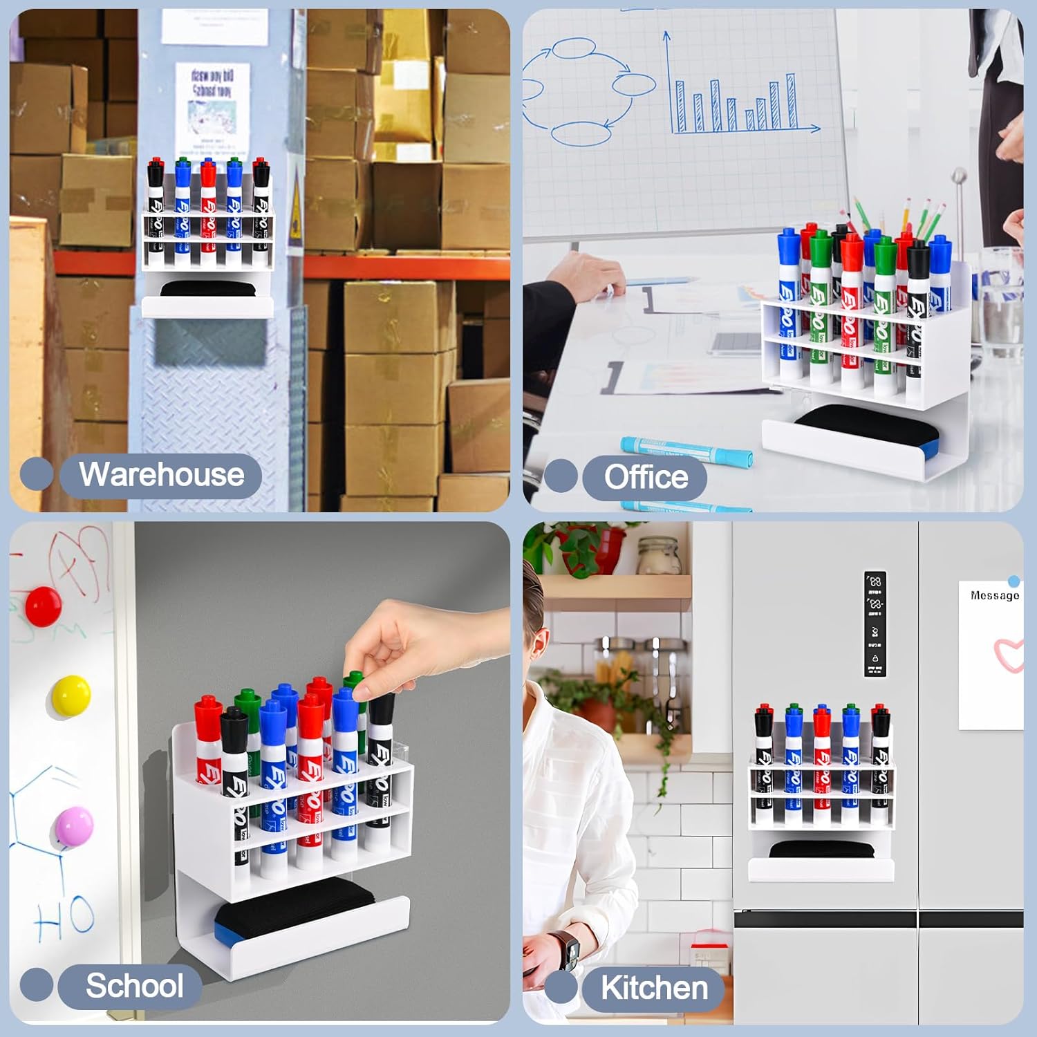 2 Pcs White Dry Erase Marker Holder, 2 Sets Wall Mounted Marker Holder with 10 Slots & Eraser Holder, Acrylic Marker Holder Magnetic for Whiteboard, Office, School, Classroom, Home (2)