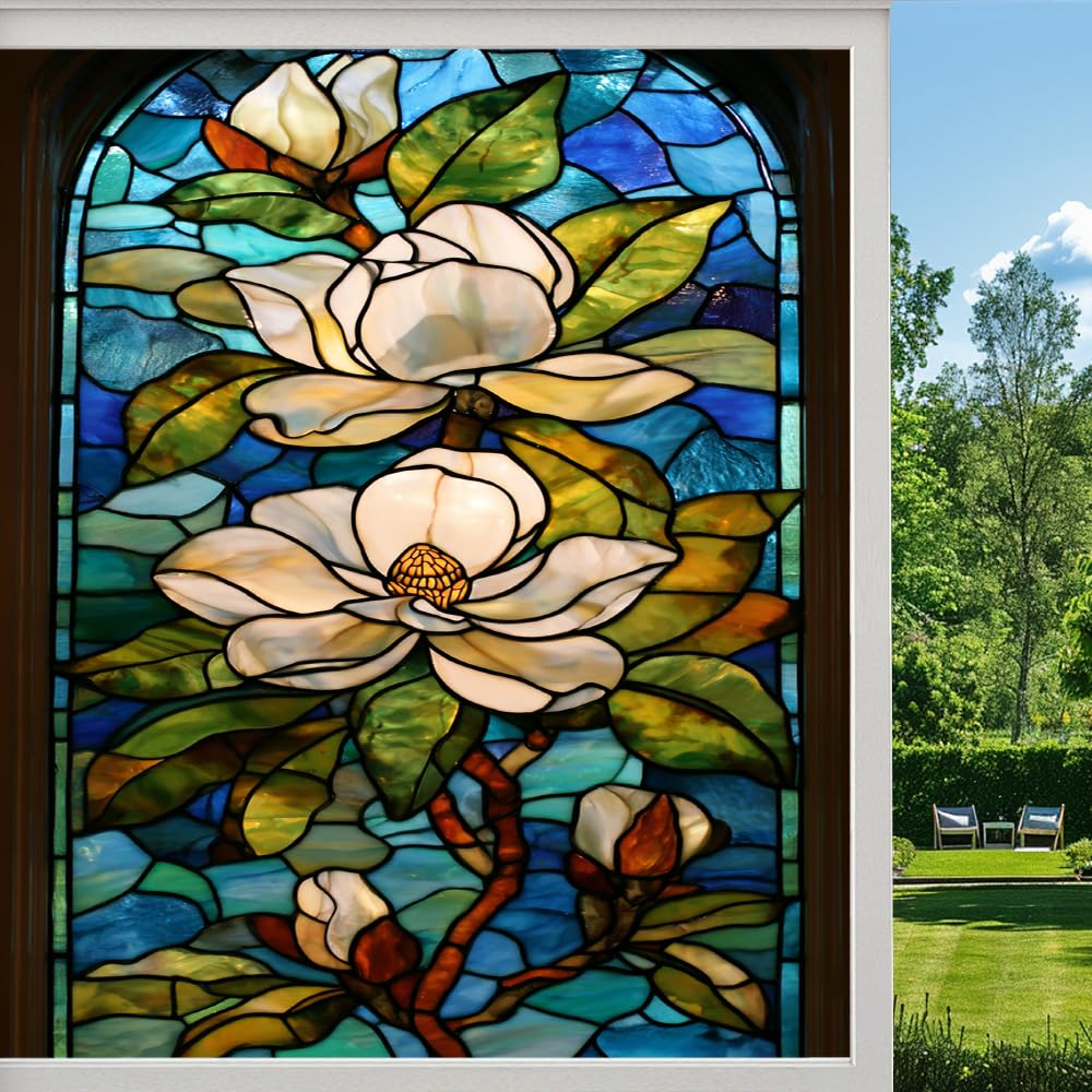 Pmlbaous Colorful Magnolia Frosted Window Film, Natural Flower Plants Stained Glass Privacy Film, Heat Insulation Self-Adhesive Vinyl For Bathroom Office, （45X60cm）