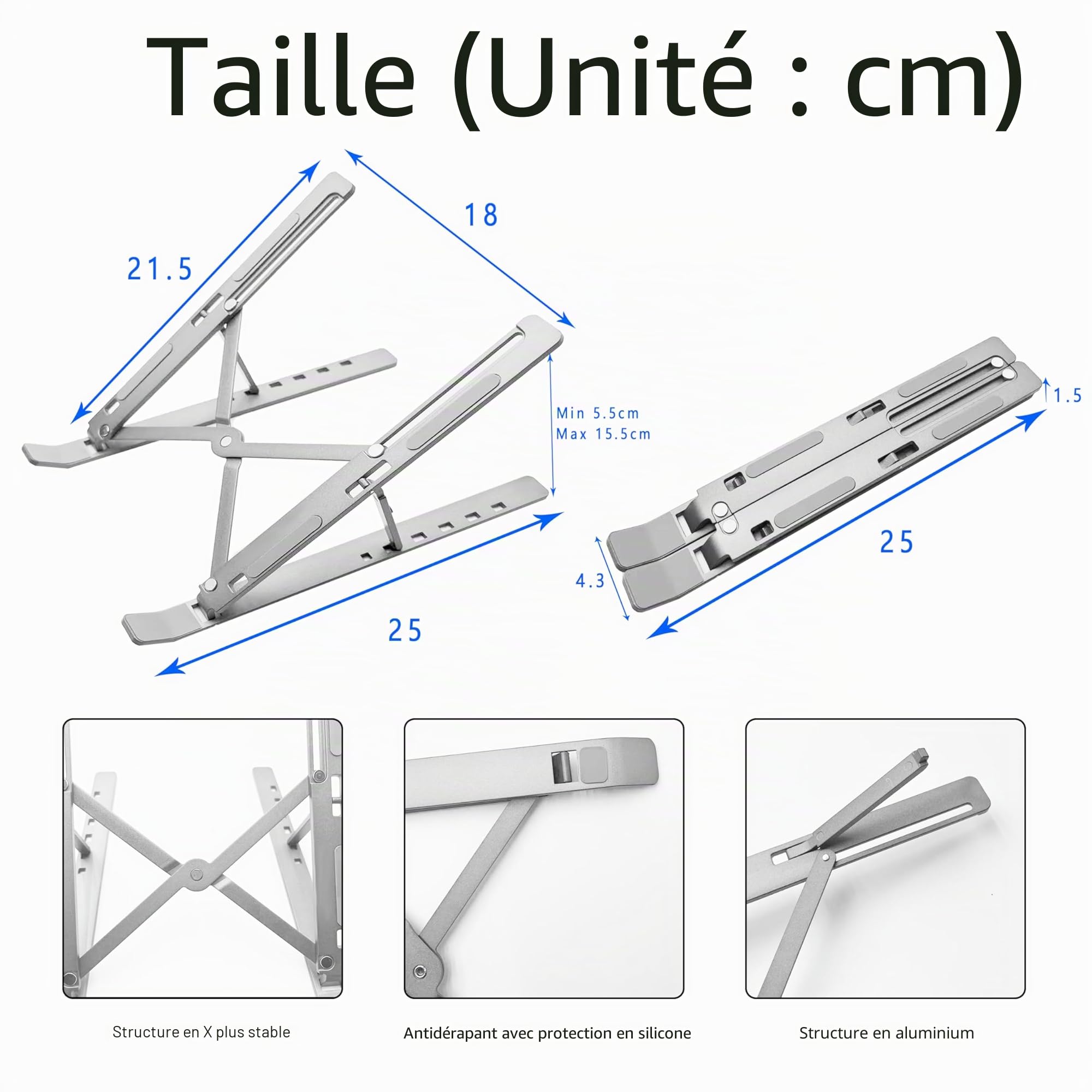 AiTodos® Support Ordinateur Portable, Alliage D'aluminium, Léger, Compact Portable Pliable - Ventilation et Dissipation de la Chaleur, Réglage à 6 Vitesses - Support pc Portable (Argent)