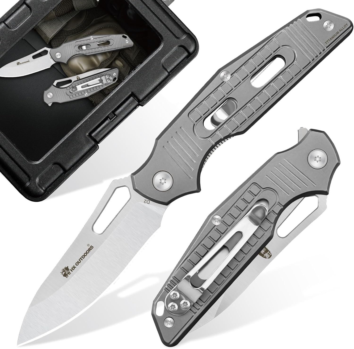 HX OUTDOORS Pocket Knife for Men, Folding Knife with Clip, D2 Steel Blade Titanium Handle, Sharp EDC Tactical Knife for Camping Hiking Survival Outdoor, Pocket Knives for Men Gift