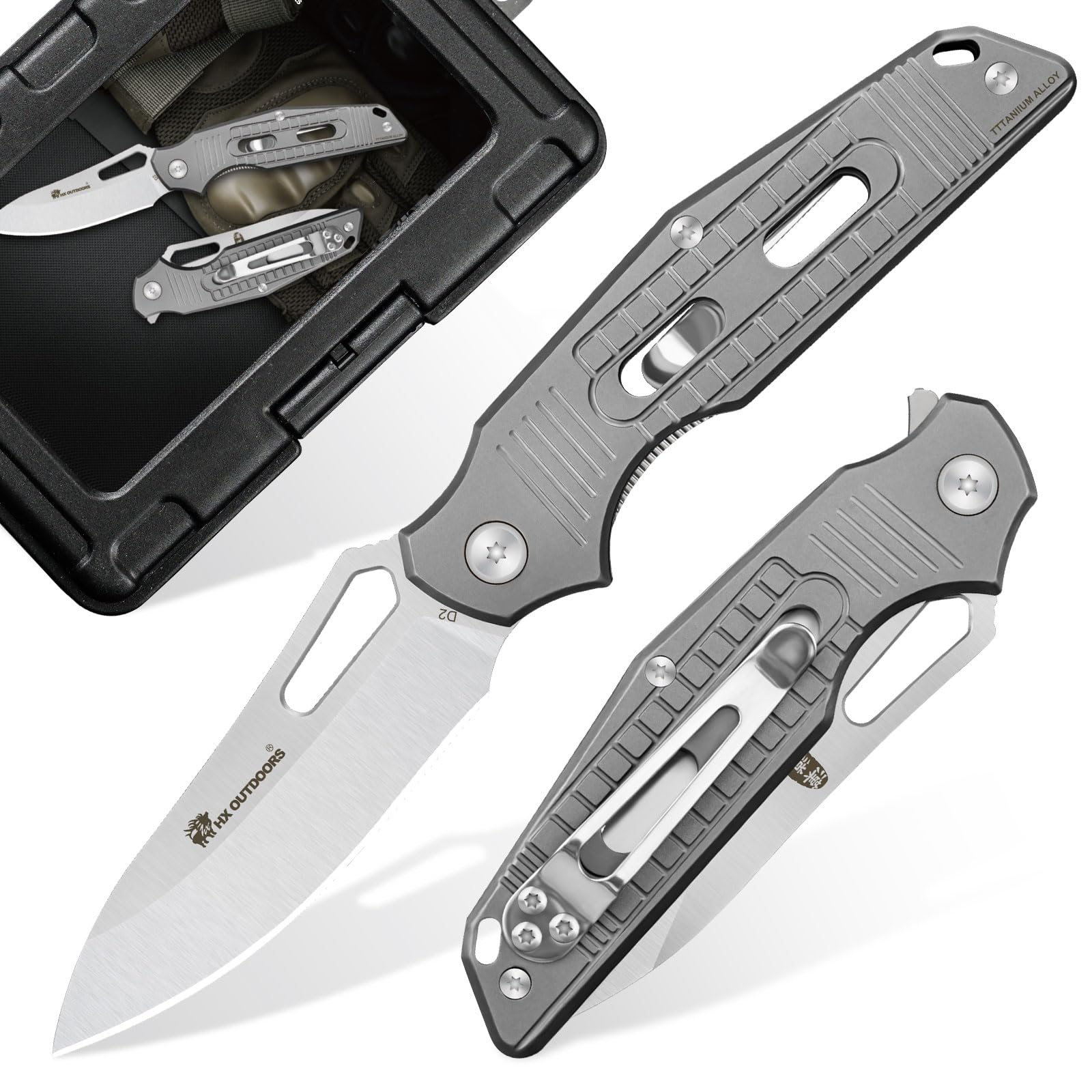 HX OUTDOORS Pocket Knife for Men, Folding Knife with Clip, D2 Steel Blade Titanium Handle, Sharp EDC Tactical Knife fo Camping Hiking Survival Outdoor, Pocket Knives for Christmas Gift