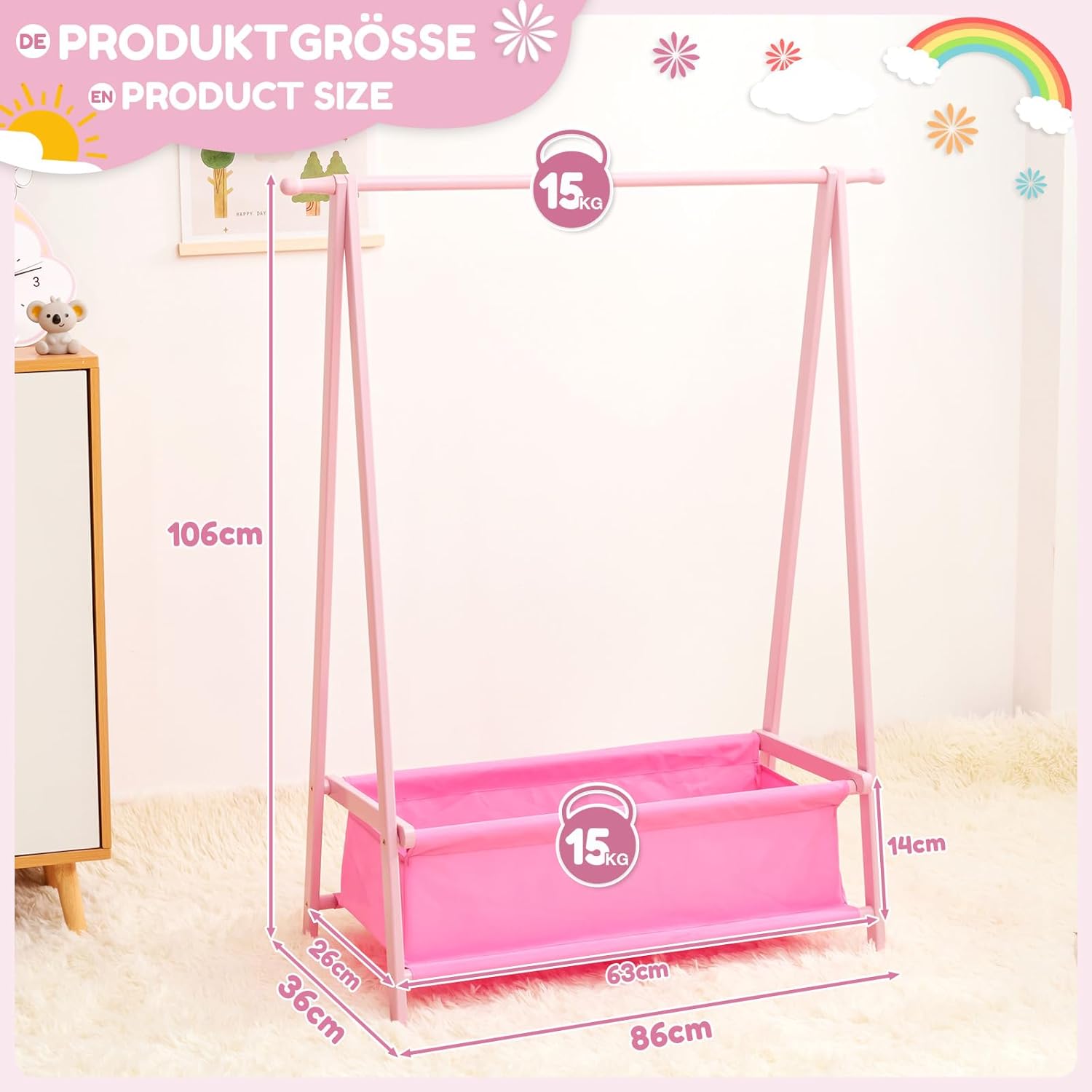 Diagram showing the dimensions of the Yorbay coat rack: 86cm length, 36cm width, 106cm height, with a maximum load capacity of 30kg.