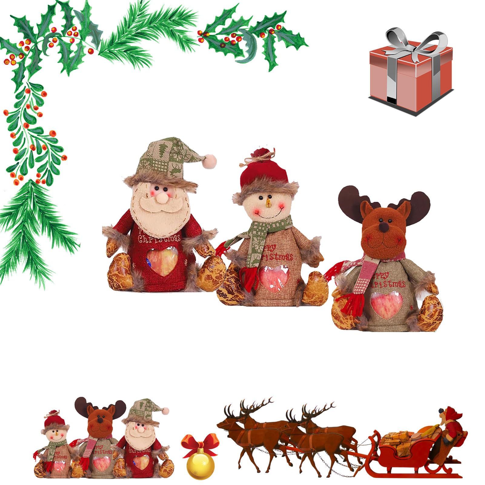 Christmas Gift Bags Zipper Design, Christmas Gift Doll Bags with Drawstring, Small Christmas Gift Bags, Santa Snowman Doll Storage Bag,Reusable Fabric Xmas Favor Bags (3Pcs)