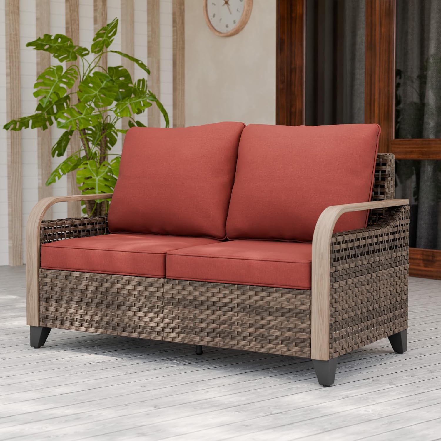 EAGLE PEAK Wicker Outdoor Patio Sofa Modern Rattan Patio Furniture Loveseat for Backyard Deck Porch Balcony, 2 Seat Loveseat, Brown/Red