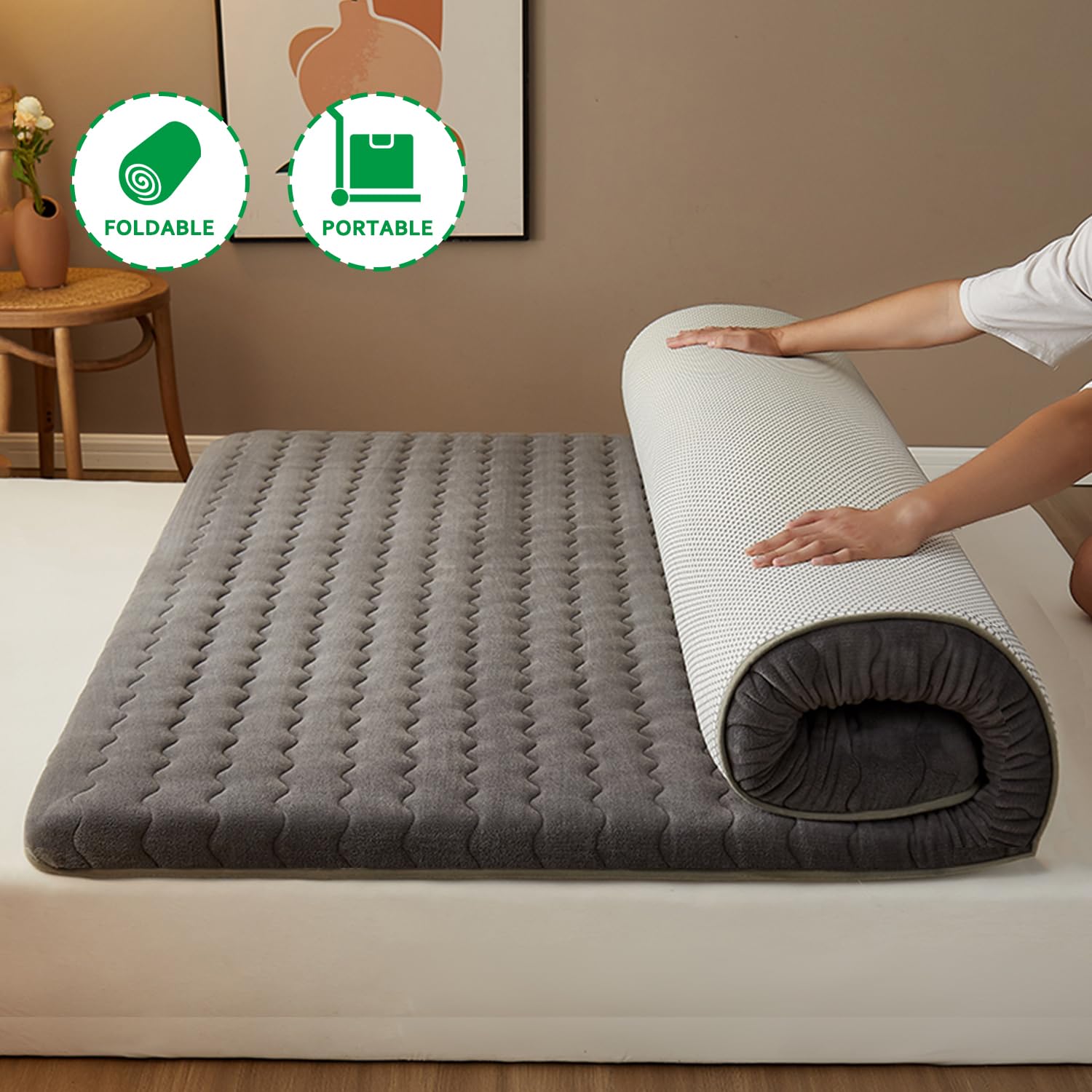 Japanische Bodenmatratze,Futon-Matratze Faltbar,Aufrollbare Isomatte Für Camping Im Schlafsaal,Verdickte Tatami-Matte,Tragbares Bodenliegebett Für Kinder,Shikibuton,White 4cm,110x190cm
