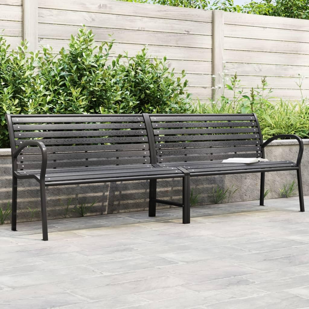 Banco doble de jardín negro de acero y WPC de 231 cm con respaldo y reposabrazos para terraza, balcón, jardín, exterior, banco de parque estable para relajación y exterior resistente a la