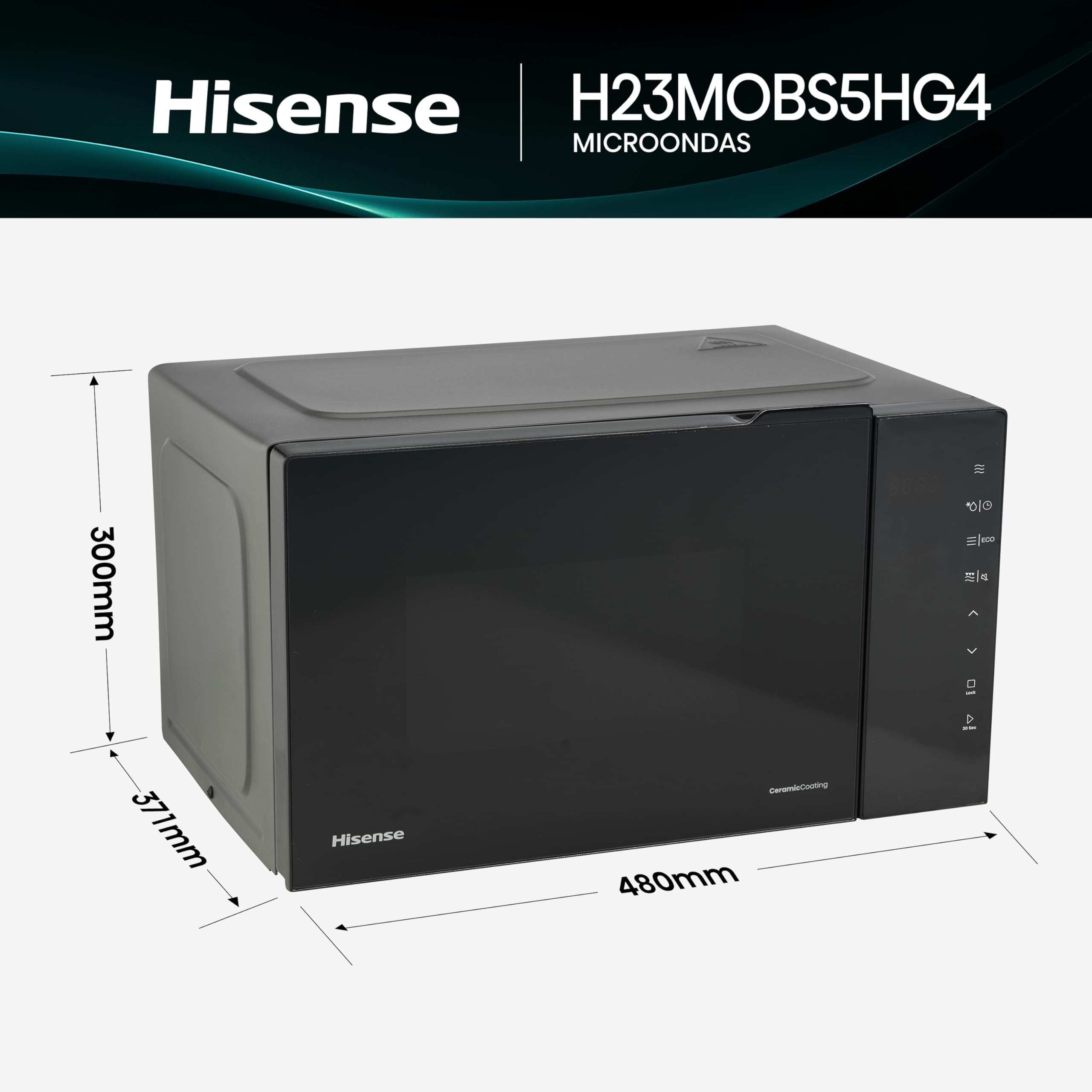 Hisense H23MOBS5HG4 - Microondas Digital con Grill 23 Litros, 1000W, Revestimiento Cerámico, Cristal Premium, Modo ECO, Descongelación programada, 10 Niveles de Potencia, Fácil Limpieza