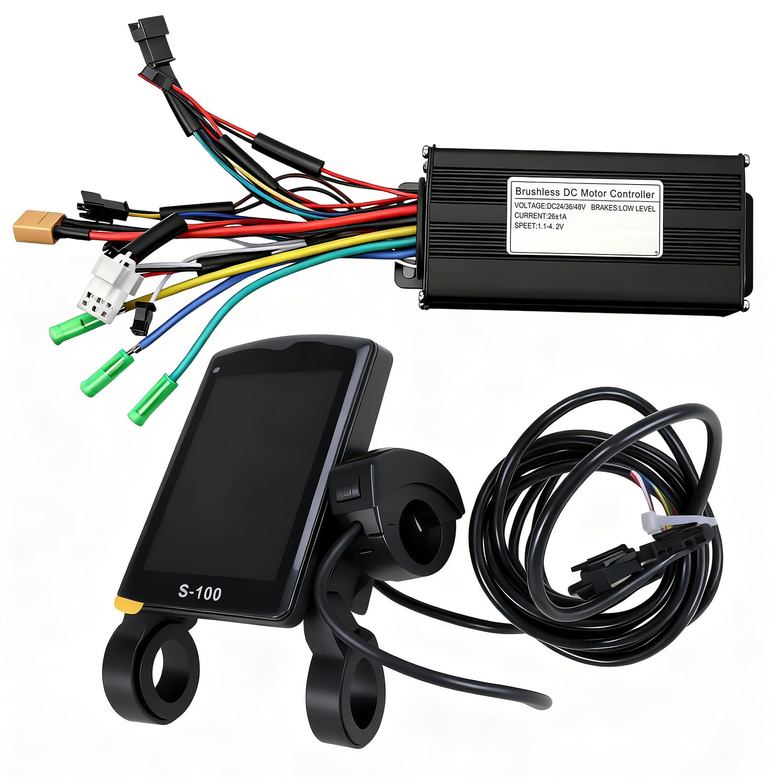 Elektrofahrrad Brushless Motor Controller Kit, 36V 48V 500W 750W 26A, 3 Betriebsmodi Sinuswelle Motorsteuerung Controller mit S100 LCD Display für E-Bike