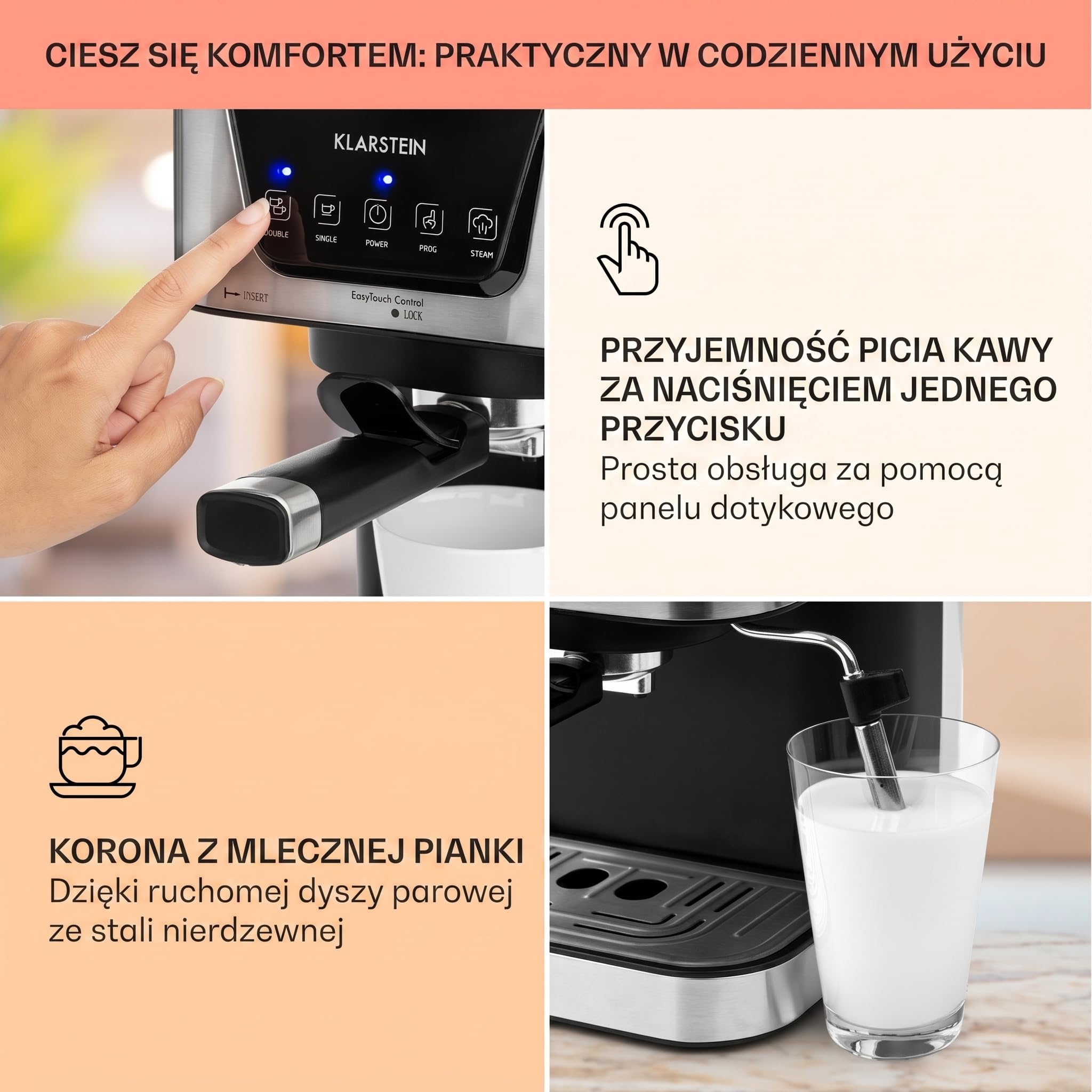 Klarstein Ekspres kolbowy 1,5 L na 2 filiżanki kawy, Mini ekspres ze spieniaczem do mleka, 15 barów, Mały kolbowy do kawy, Dobry do espresso, Ekspresy ze stali nierdzewnej 1050 W
