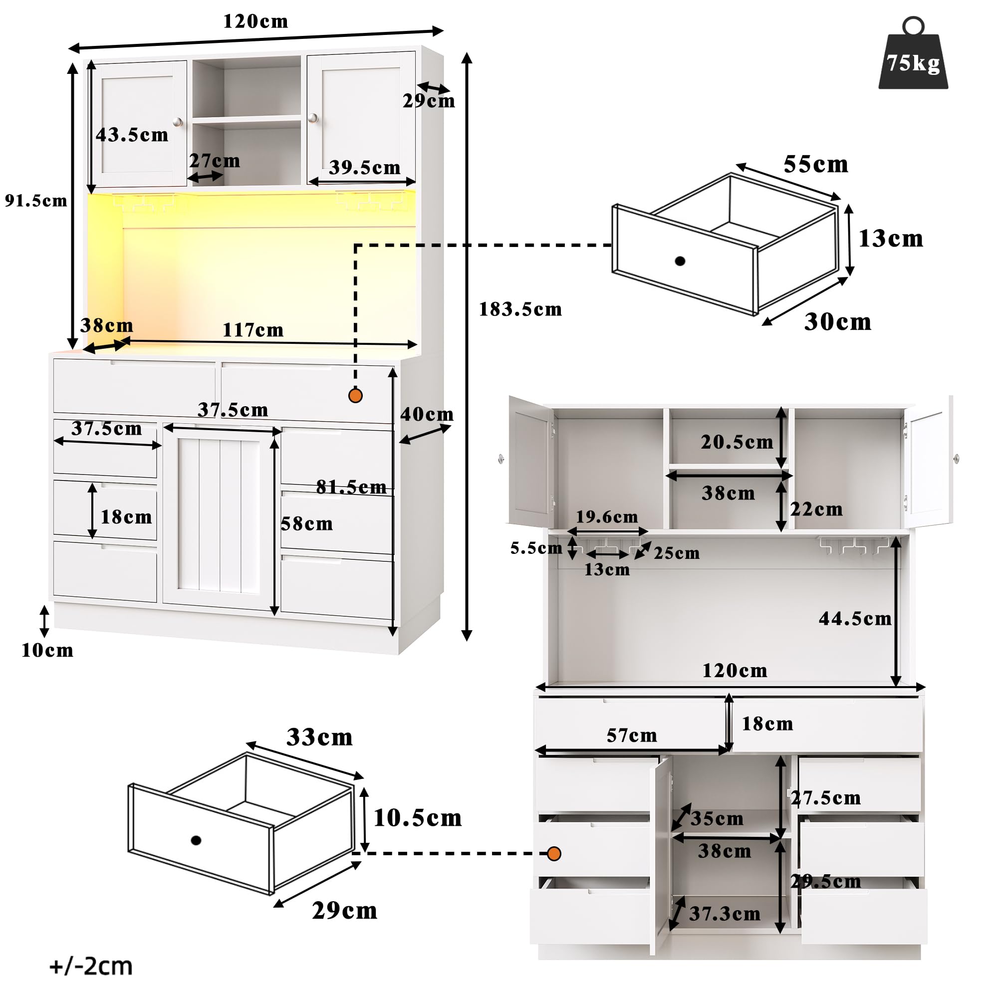 Mobile alto moderno, bianco, 120 × 40 × 183,5 cm, armadio da cucina, armadi alti per soggiorno, 8 cassetti, chiusura magnetica, ripiani regolabili in altezza