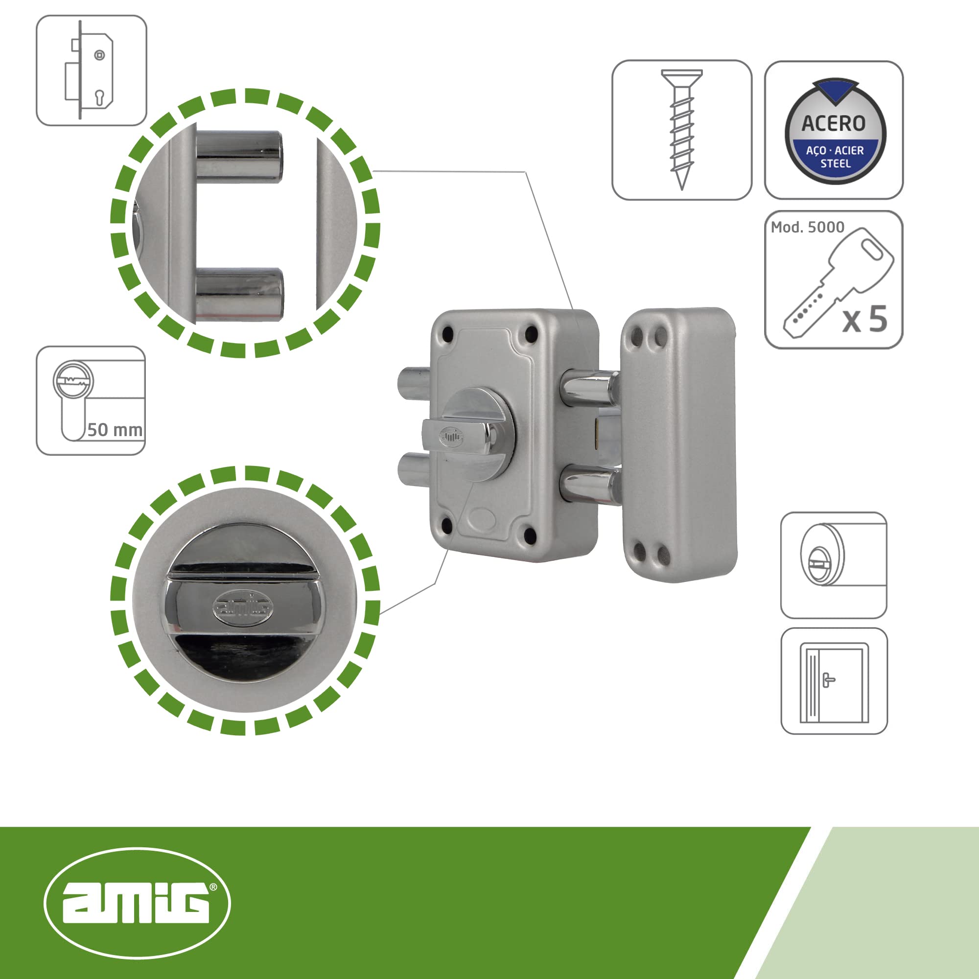 Amig - Cerradura de Sobreponer con 2 Bulones de Cierre y Muletilla Interior para Puertas de Madera Mod. 82-96 x 66 mm - Pestillo Con Cilindro Redondo de Seguridad - Acero Esmaltado Plata