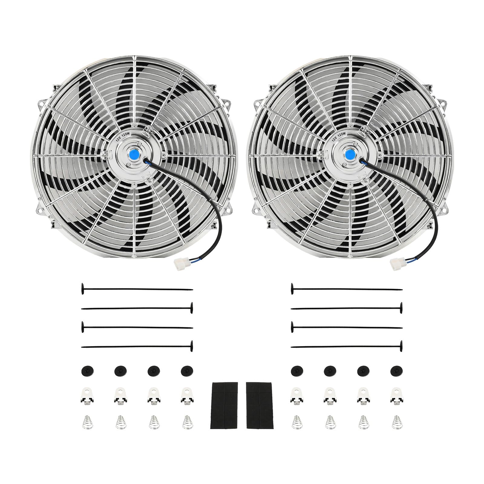 16'' Inch Chrome Universal Slim Fan Push Pull Electric Radiator 12V 120W High Performance Cooling Fan Mount Kit Set of 2