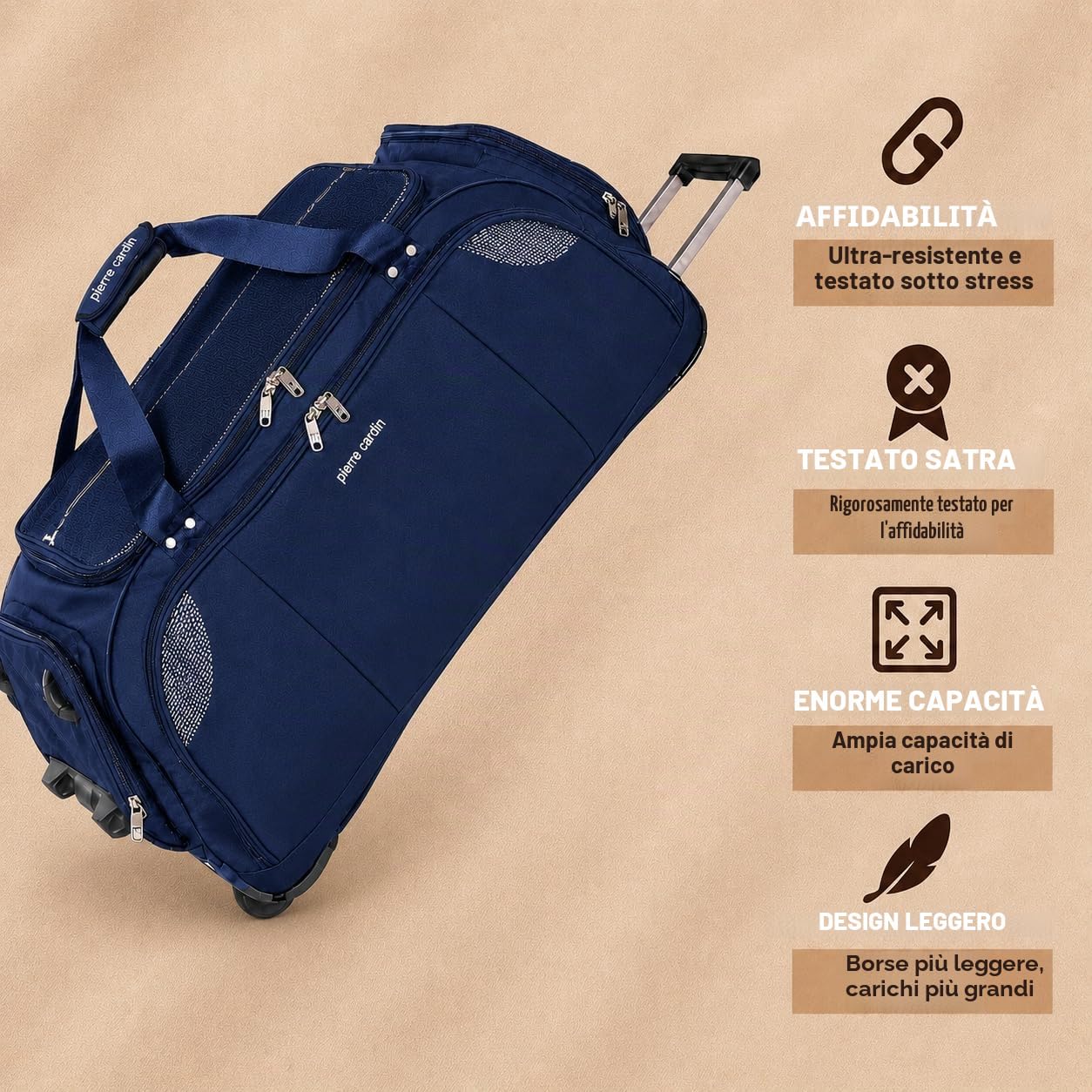 Pierre Cardin CL769 - Borsone leggero e grande con rotelle, resistente alle sollecitazioni, con rotelle e opzioni di trasporto, borsa da viaggio con ruote, Nero, Medium Navy 26", Custodia a rullo