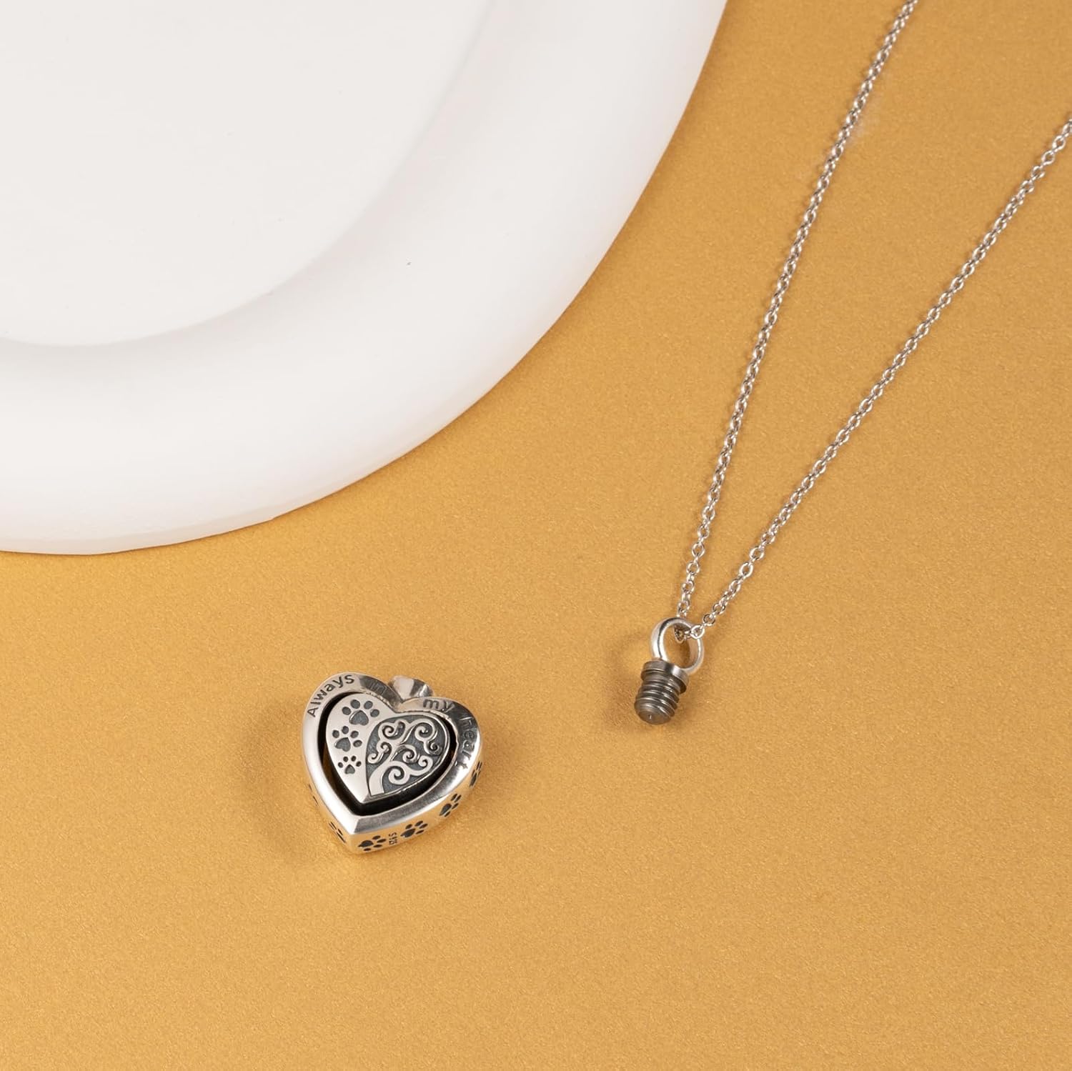925 Sterling Silver Heart Pet Urn Necklace for Ashes - Dog/Cat Memorial, Paw Print & Tree of Life, Always in My Heart Engraved 18"