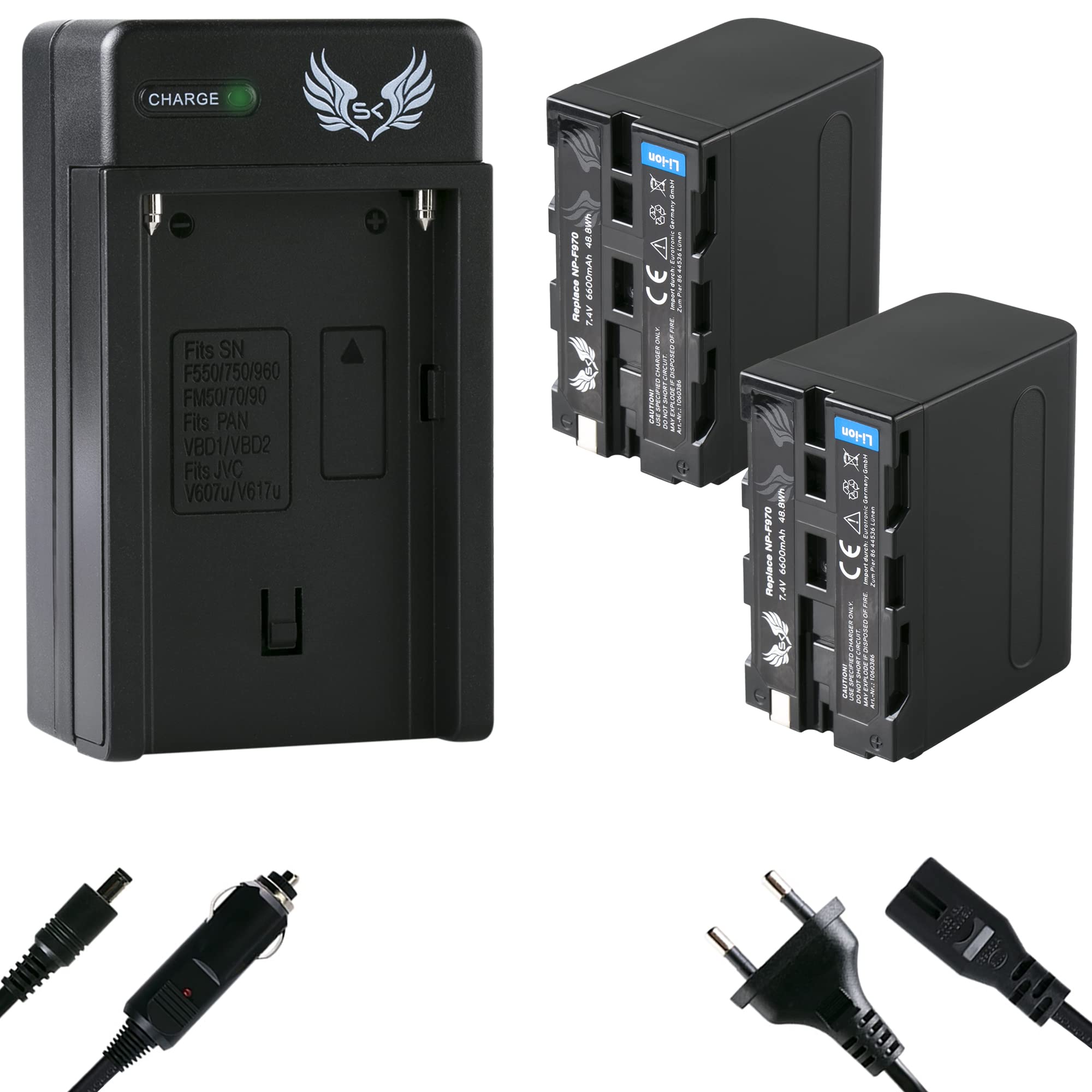SK Akku Für Sony NP-F970 + Speed Ladegerät - 6600mAh, 7,4V - Kompatibel Mit Kameras, Videoleuchten & Mehr