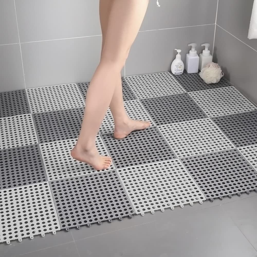 Zertylre 20PCS Interlocking Rubber Floor Tiles with Drain Holes DIY Size 11.8x11.8In Soft PVC Bath Shower Floor Mat Massage Soft Cushion Floor Tiles for Indoor/Outdoor（Dark Grey+Light Grey）