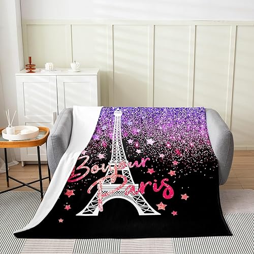 Miniatura 3 de Feelyou Manta de felpa de la Torre Eiffel, torre pastel púrpura para todas las estaciones, juego de manta de cama para paisaje de París, manta de