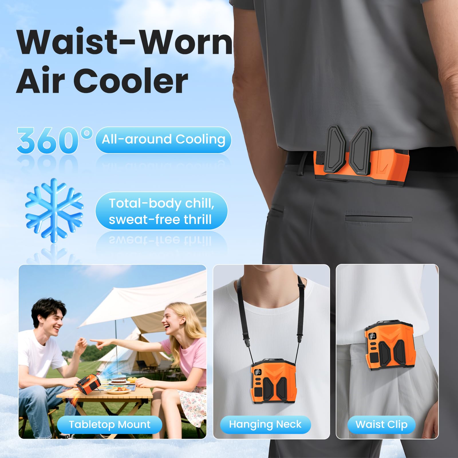 Ventilador de cintura personal portátil recargable, 10000 mAh, 5 velocidades, 13500 rpm, fuerte flujo de aire, luz LED y tiempo de funcionamiento de 30 horas, ventilador manos libres para camisa 2