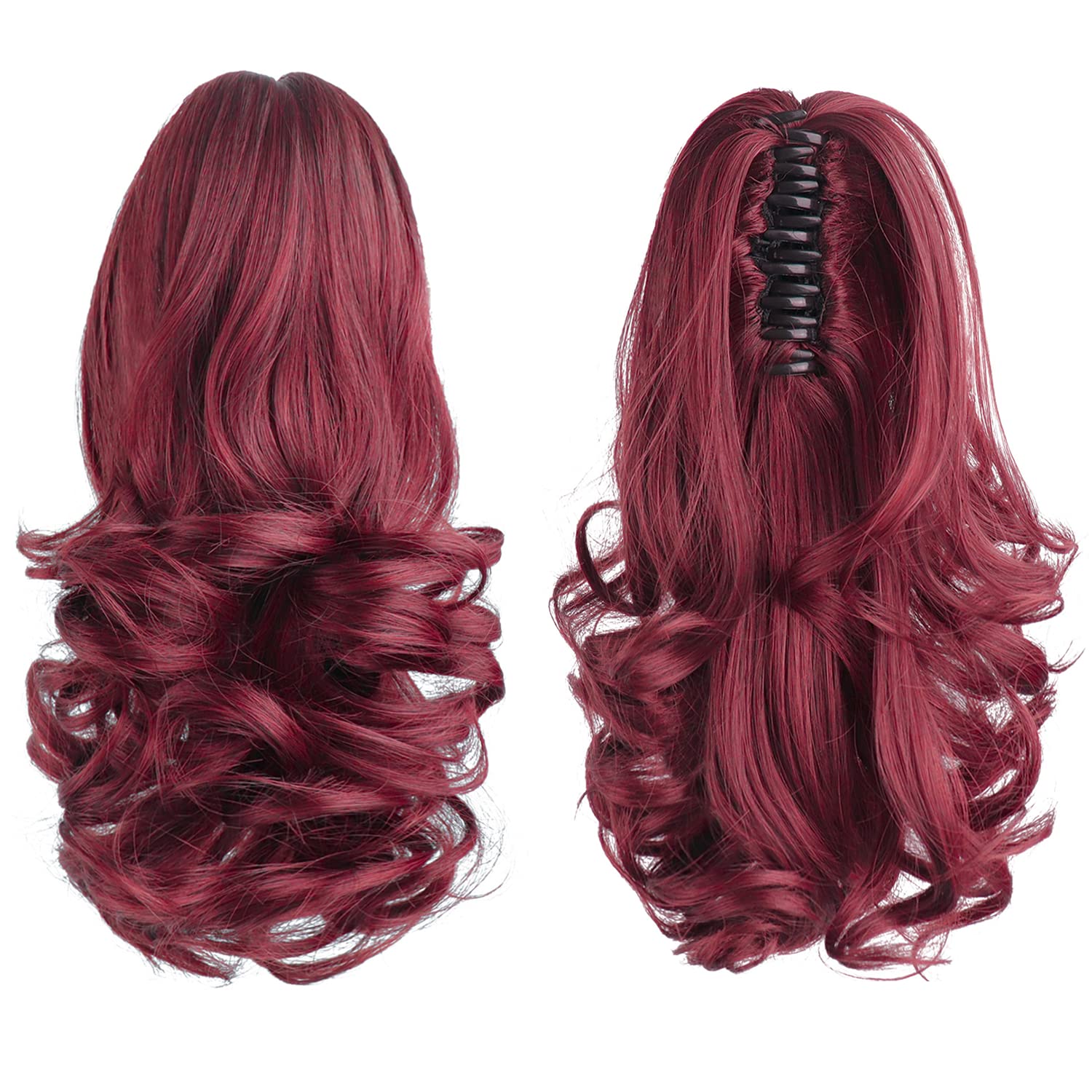 HSPJHTM Burgundy Ponytail Extensions,Claw Cilp Ponytails Extension for Women Curly 12" Synthetic Wine Red Pony Tail Wavy Halloween Fluffy Hairpiece