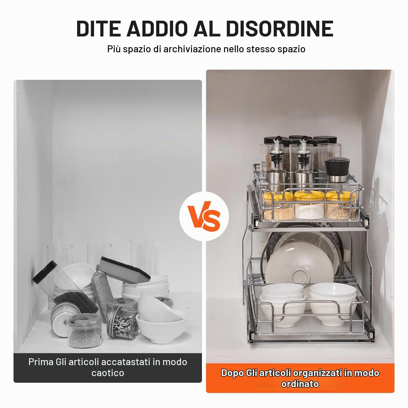 VEVOR Organizer Estensibile per Armadio 305 x 533 x 385 mm, Ripiani Estraibili per Carichi Pesanti, Cassetti Estraibili in Acciaio Cromato, Cassetto per Armadio Cucina Domestico Bagno Sotto Lavandino