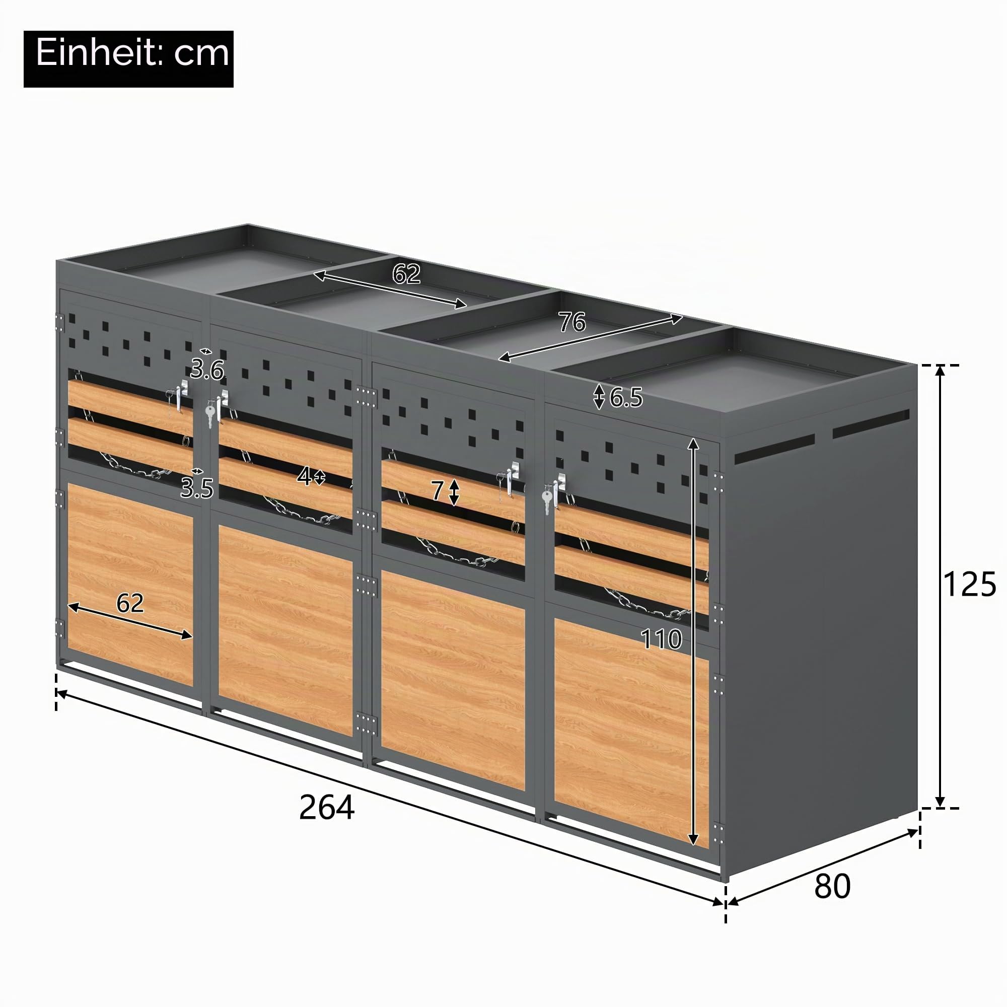 Mülltonnenbox 4er mit Pflanzdach, 120-240 Liter, Anthrazit Tür in Holzoptik inkl. Erweiterungsmöglichkeit,Aufbewahrungsbox für Mülltonnen, Müllbox