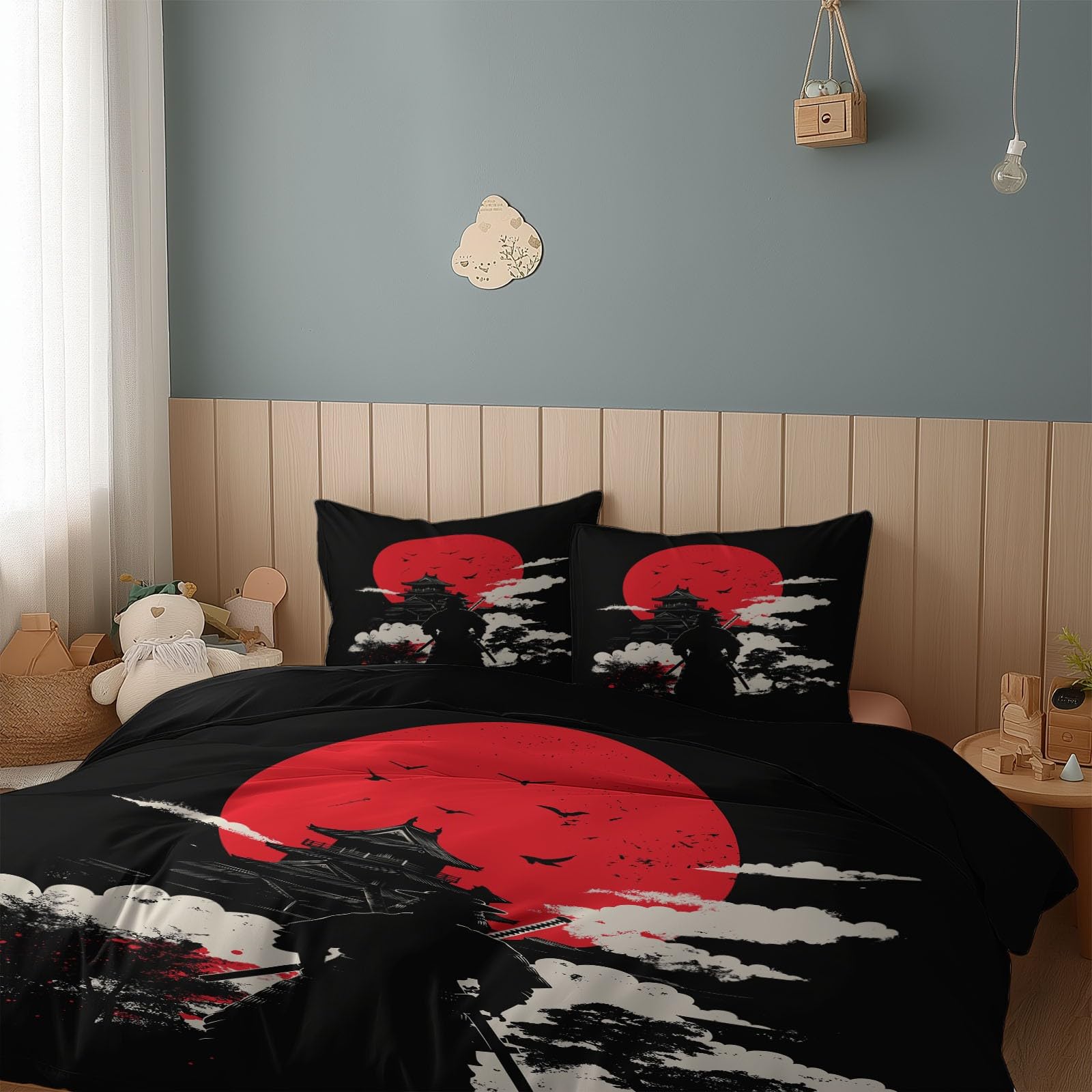 Générique Komplet pościeli 240 x 220 cm z mikrofibry z japońskim wzorem chmury, poszwa na kołdrę z nadrukiem japońskiego wojownika, z zamkiem błyskawicznym z 2 poszewkami na poduszki 65x65cm