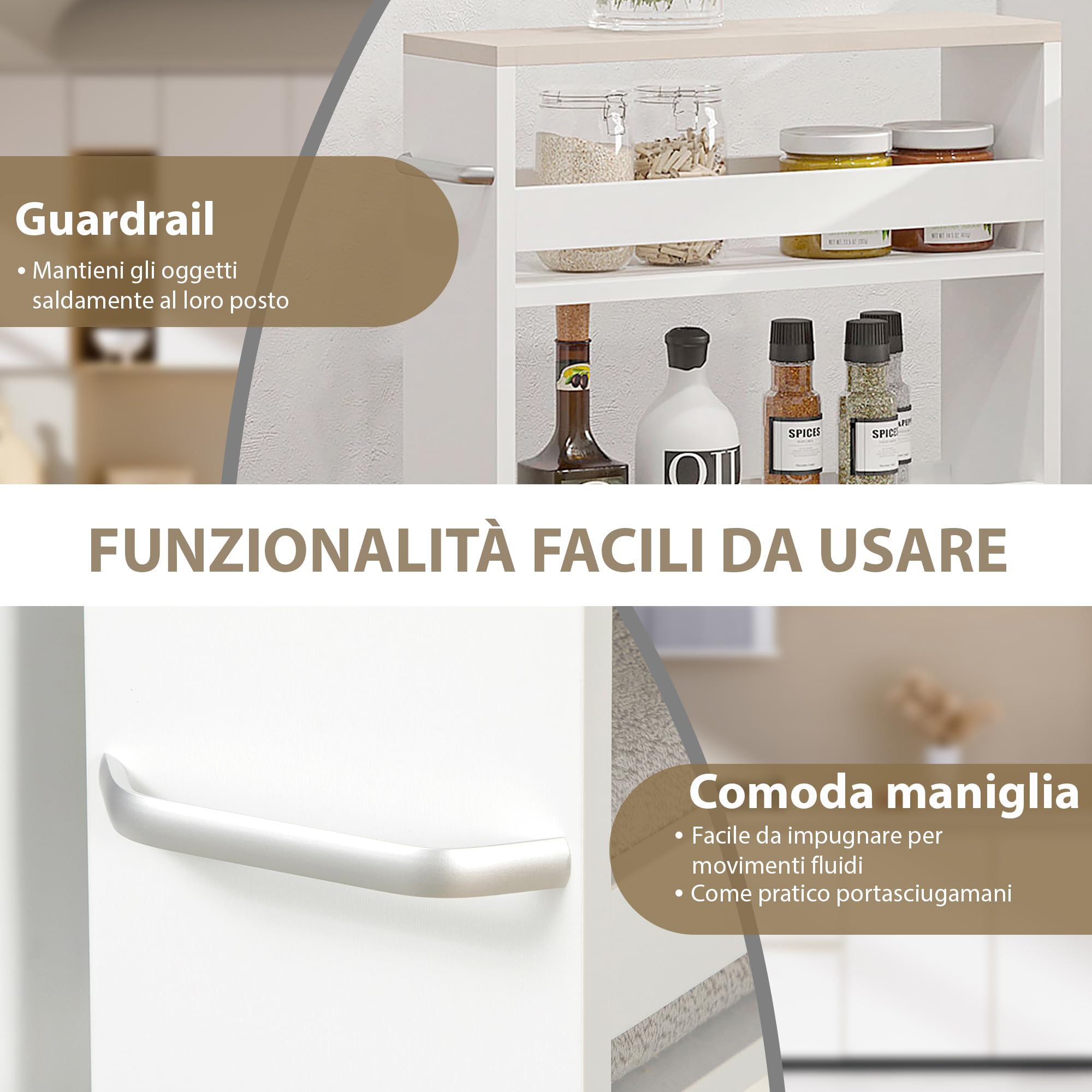 kleankin Carrello da Cucina a 3 Ripiani Salvaspazio, Mobiletto Bagno con Rotelle e Maniglia in Legno per Bagno, 48x15x80cm, Bianco