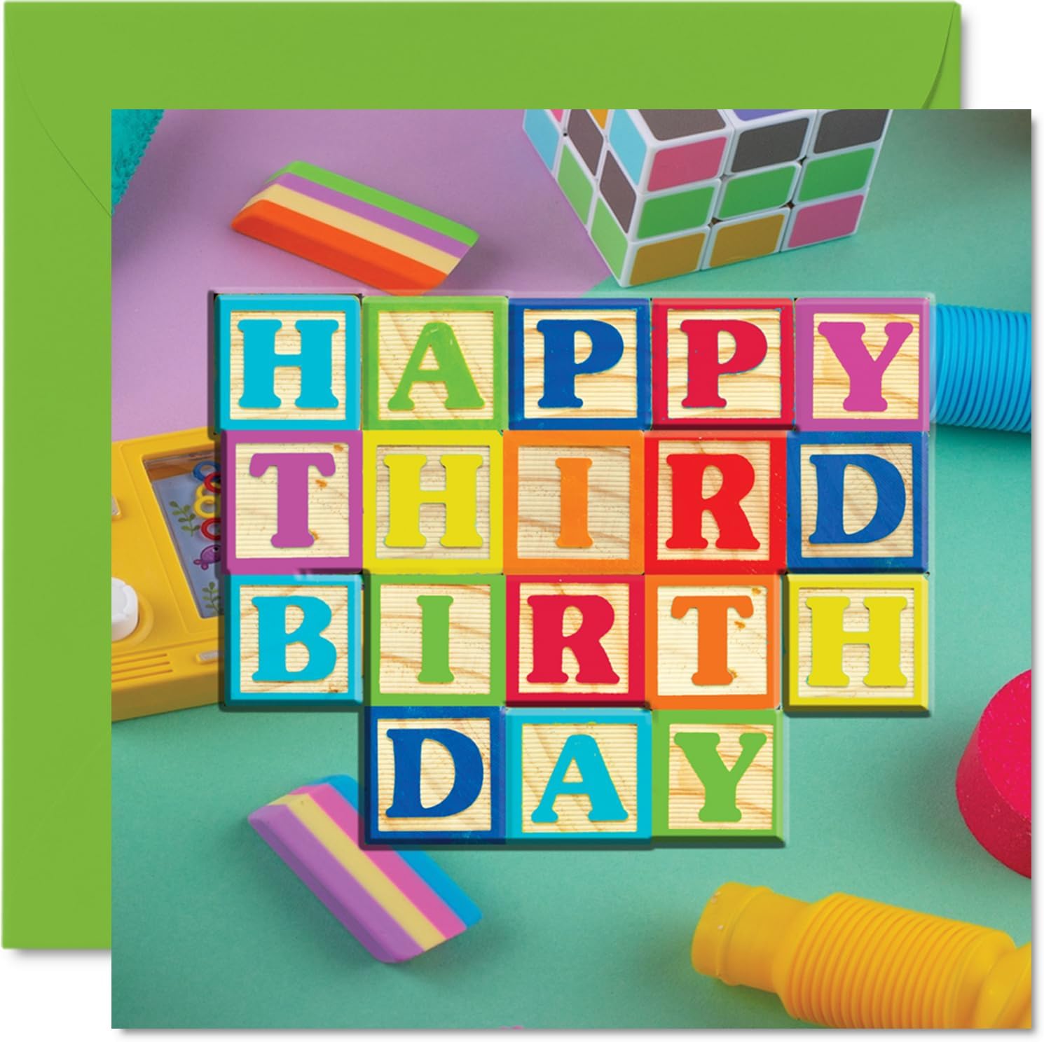 Stuff4 3rd Birthday Card for Boys Girls - Toy Blocks - Happy Birthday Card 3 Year Old Boy Girl, Third Birthday Cards for Him Her, 5.7 x 5.7 Inch Greeting Cards for Niece Nephew Kids Children