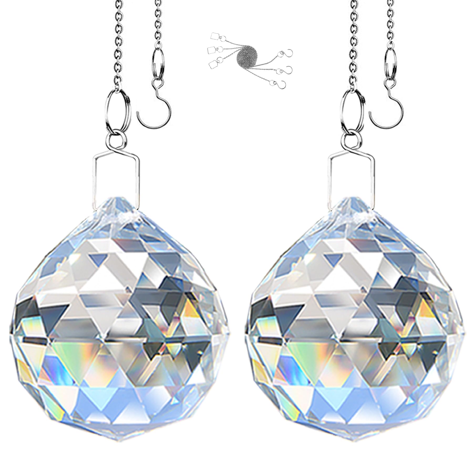 MerryNine Kristallkugel-Prisma, Sonnenscheinfänger, Regenbogen-Anhänger, Hängende Kristall-Prismen für Fenster, Feng Shui, als Geschenk, transparent, 60 mm, 2 Stück