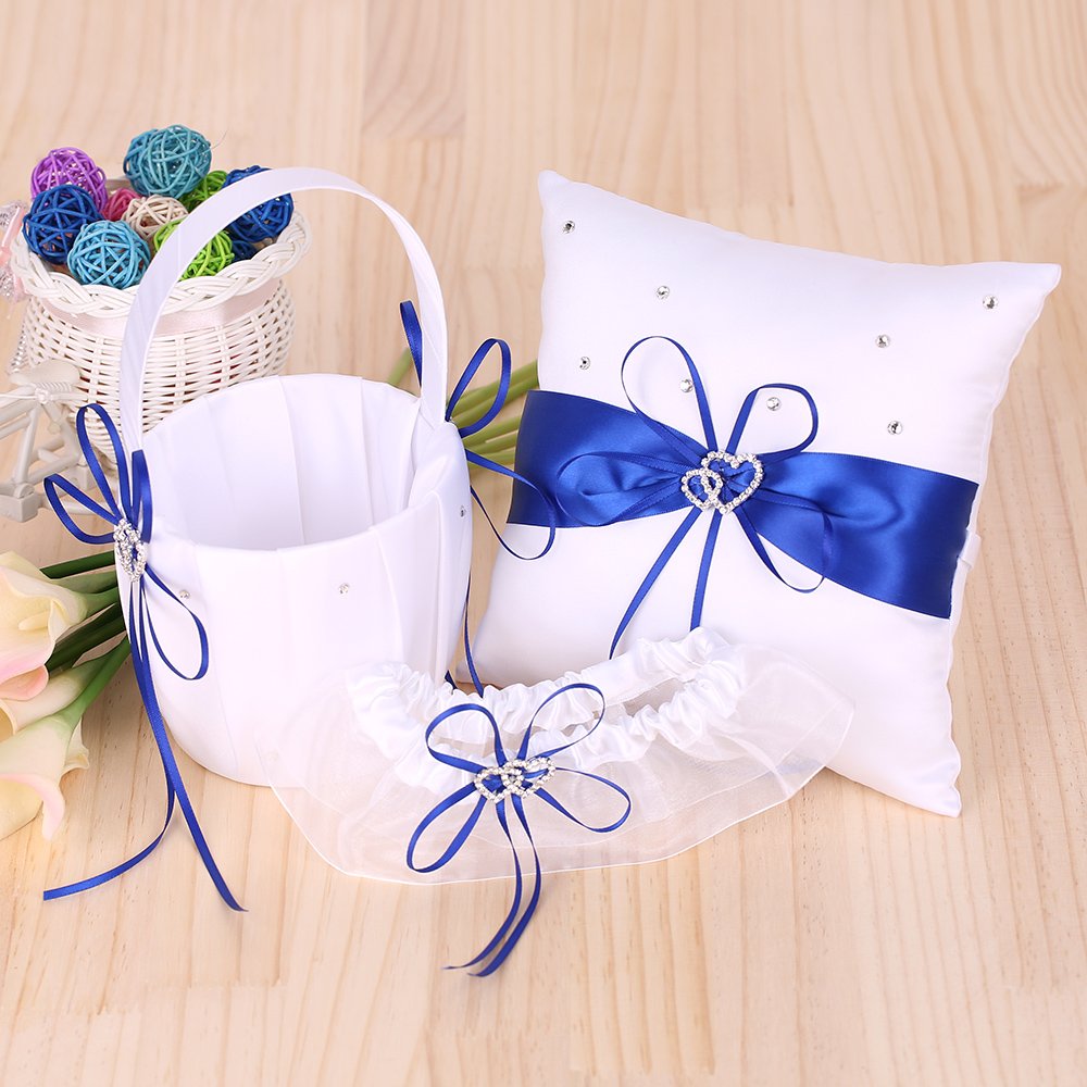 5-teiliges Set Hochzeitszubehör Doppelherz-Satin-Blumenmädchenkorb + 7 * 7 Zoll Ringträgerkissen + Gästebuch + Stifthalter + Brautstrumpfband-Set Weißes (Blau)