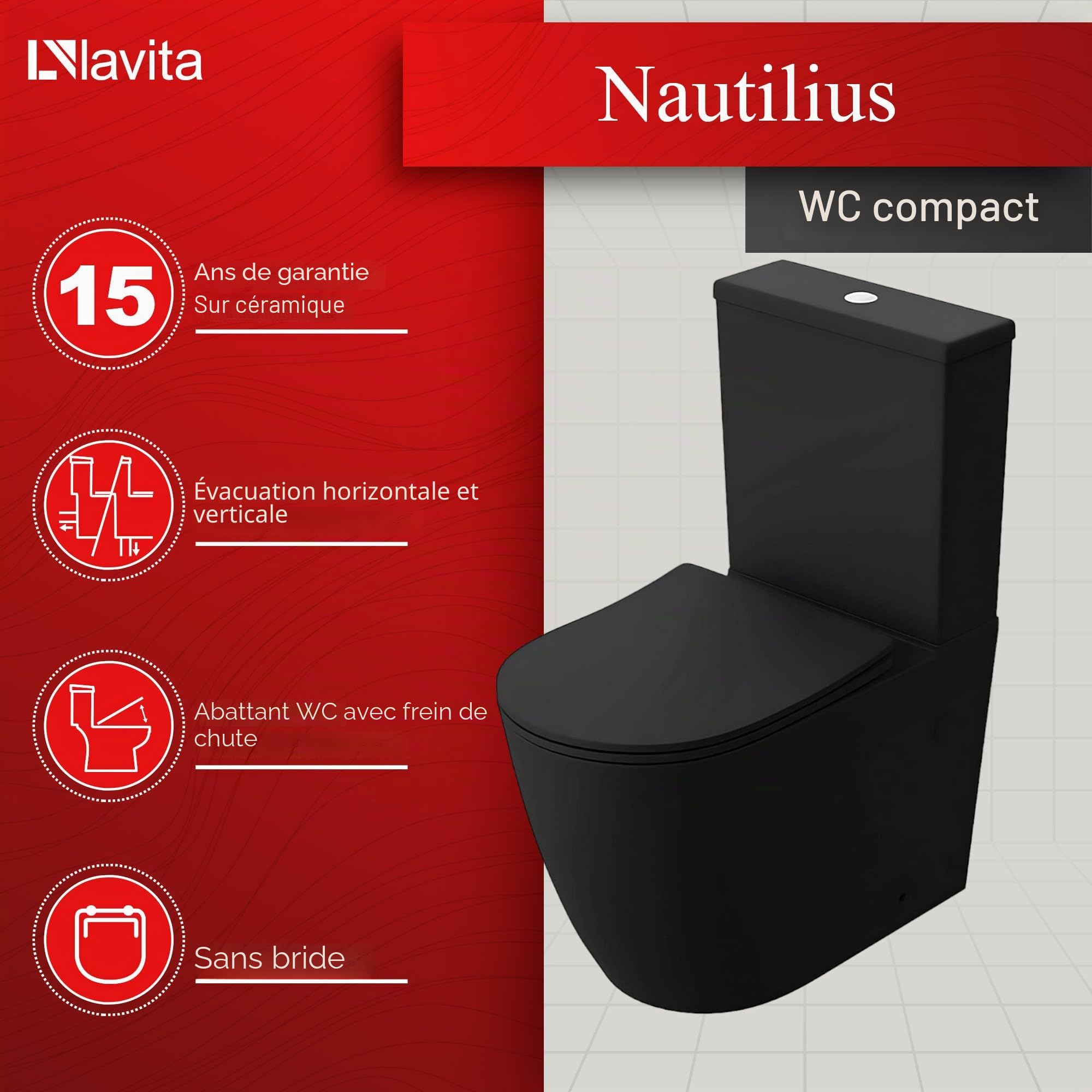 LAVITA Eendelig staand toilet met ingebouwde spoelkast NAUTILIUS BLACK WC-deksel met softclose Keramisch toilet Randloos toiletpot Toiletpot Staand + WC-aansluitstuk