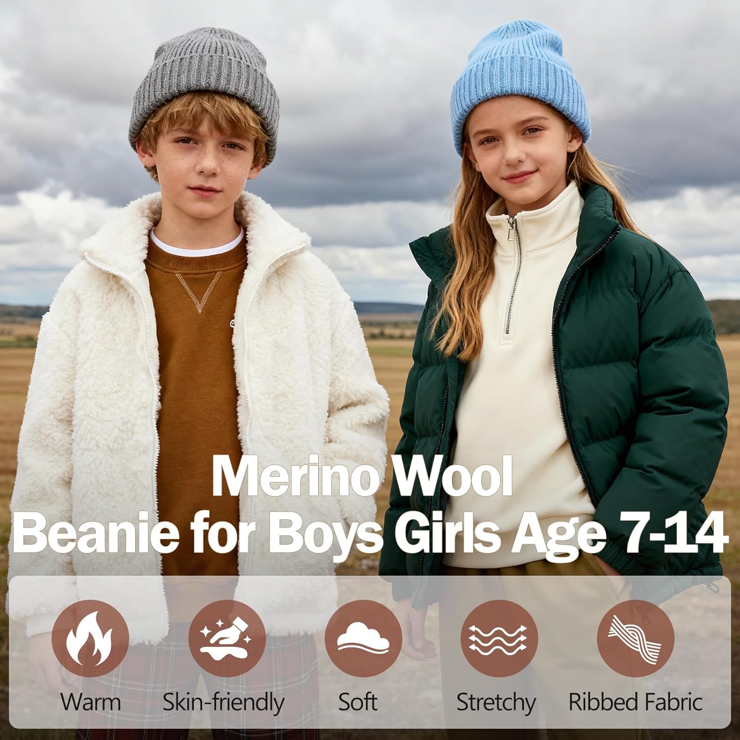 Kids Merino Wool Beanie Hat Warm Ribbed Knit Winter Cuffed Skull Cap Ski Caps for Boys Girls Ages 7-14 - Image 2