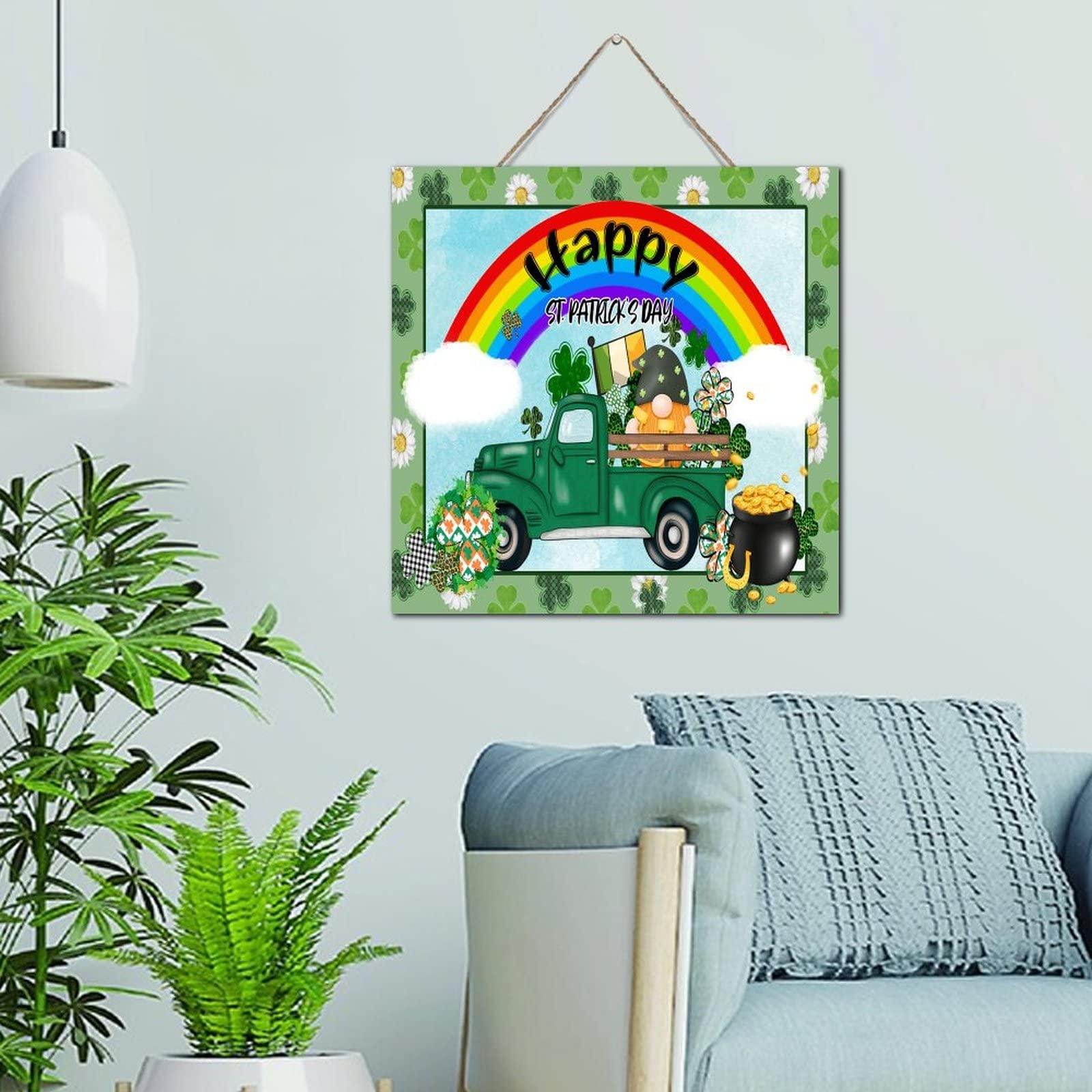 Cadeau Saint Patrick : Plaque en bois rustique de gnomes et trèfles pour la maison - 6