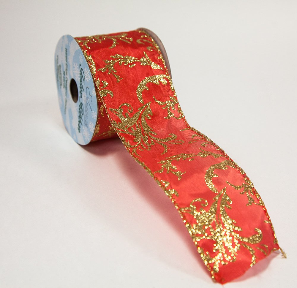 Eleganza Red Damask Design Decor Essentials Christmas Themed Wired Ribbons 63Mm X10yds Wrapping Gifts Xmas Decor (Red Damask Design)