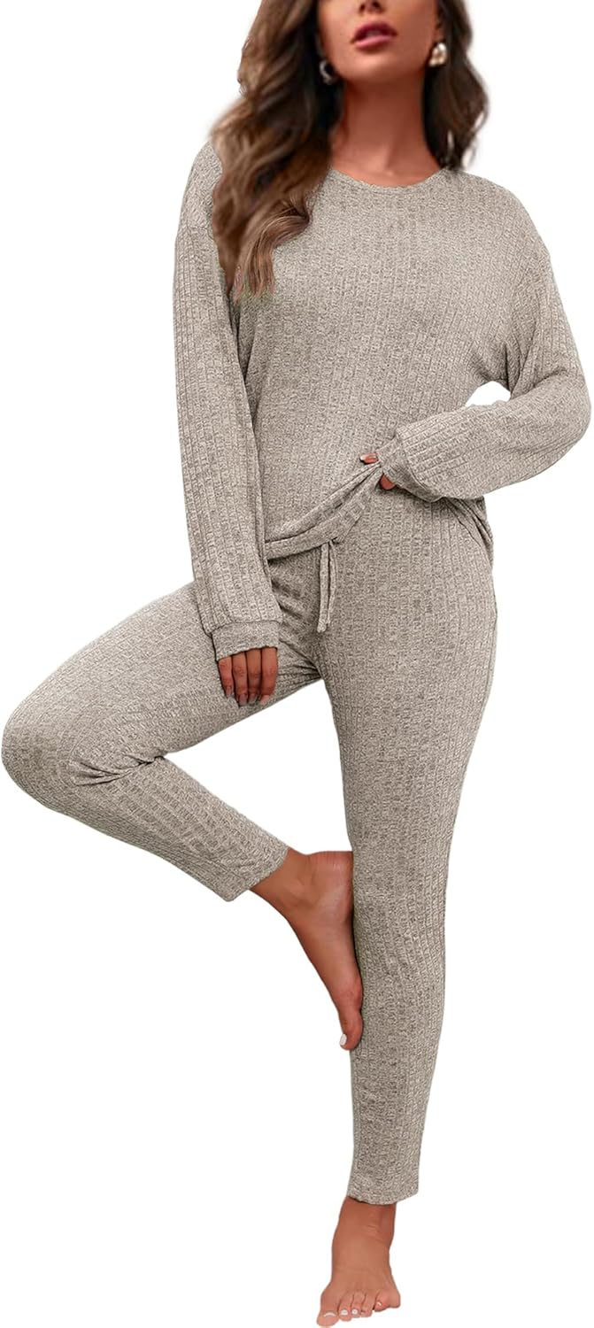 difficort Womens Pajama Sets Long Sleeve Pjs Soft Sleepwear Ribbed Knit Lounge Set with Pockets