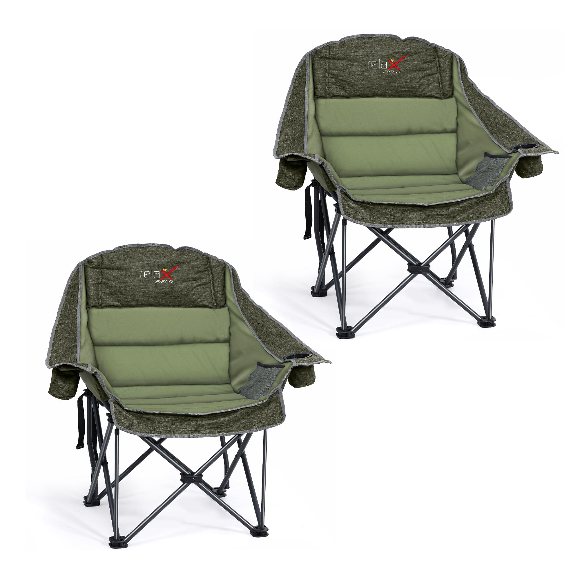 RELAX FIELD Oversized Camping Chair for Adults, Thick Padded Set of 2 Comfort Folding Fishing Chair 227KG with Cup Holder for Outdoor Garden Sport Beach Camp, Green